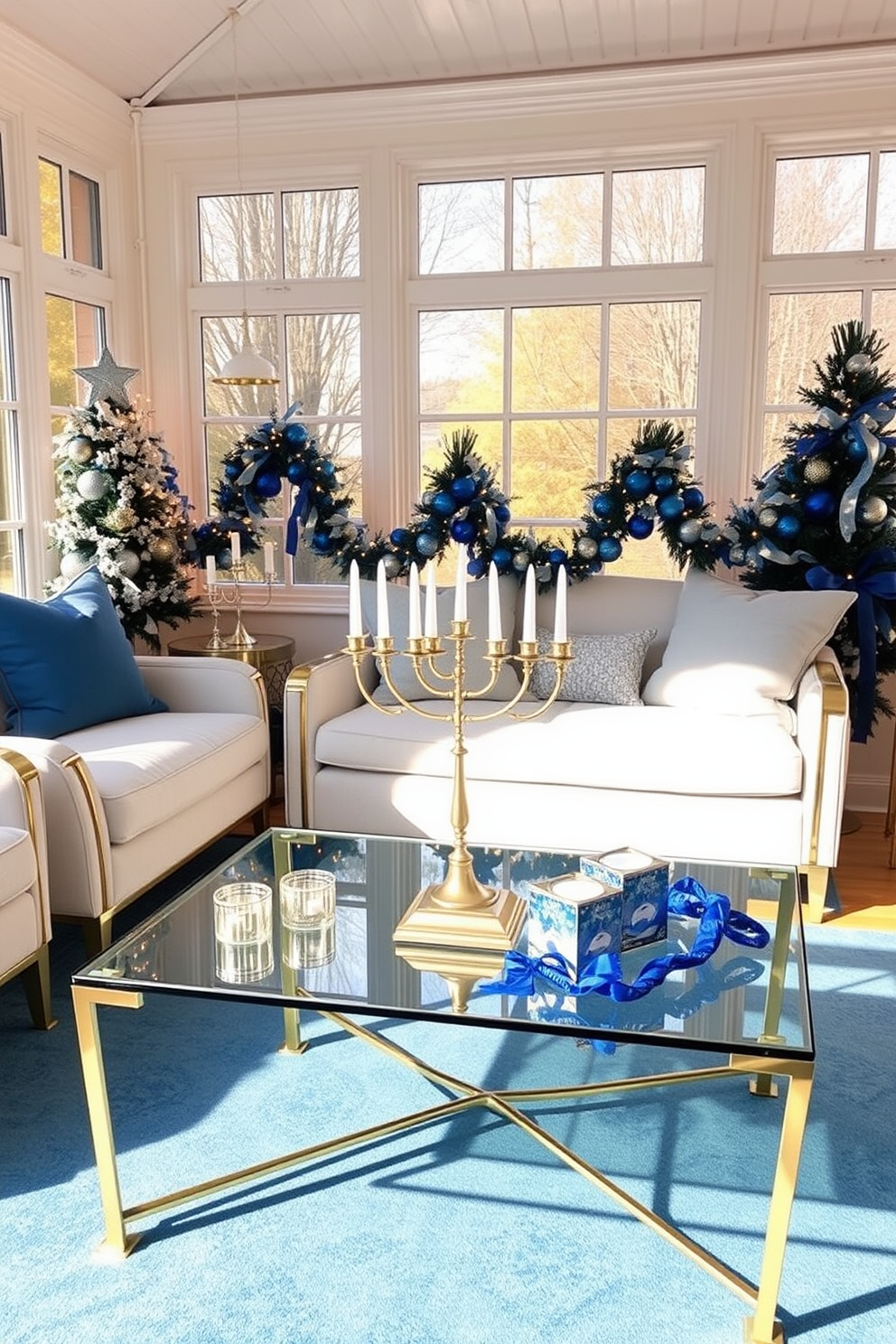 A bright and airy sunroom is adorned with elegant metallic accents that reflect light beautifully. The space features a cozy seating area with plush cushions, a glass coffee table with gold legs, and delicate silver candle holders on the table. For Hanukkah decorating, the sunroom is embellished with blue and silver decorations that celebrate the holiday. A menorah sits prominently on the coffee table, surrounded by twinkling fairy lights and festive garlands, creating a warm and inviting atmosphere.