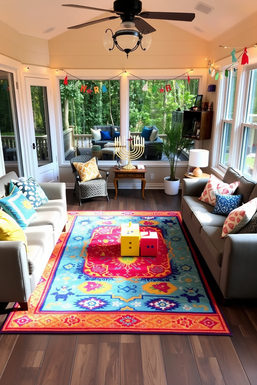 A playful dreidel game area is set up in the sunroom, featuring a large, colorful rug that adds warmth to the space. Surrounding the rug are comfortable seating options with festive throw pillows, creating an inviting atmosphere for family and friends. The walls are adorned with cheerful Hanukkah decorations, including string lights and handmade paper garlands. A beautifully decorated menorah sits on a side table, adding a touch of tradition to the playful setting.