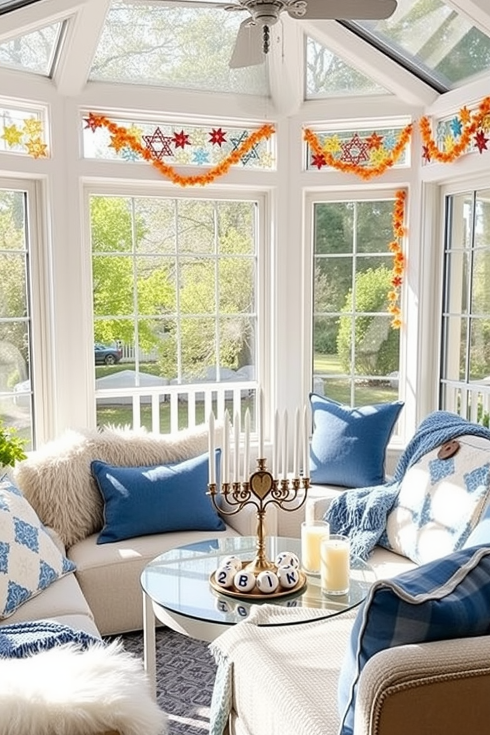 A bright and inviting sunroom filled with natural light. Handmade crafts adorn the windowsills, including colorful paper stars and intricate garlands, creating a festive atmosphere for Hanukkah celebrations. Cozy seating arrangements feature plush cushions and throws in blue and white tones. A beautifully decorated menorah sits on the coffee table, surrounded by handmade dreidels and candles, enhancing the warmth of the space.