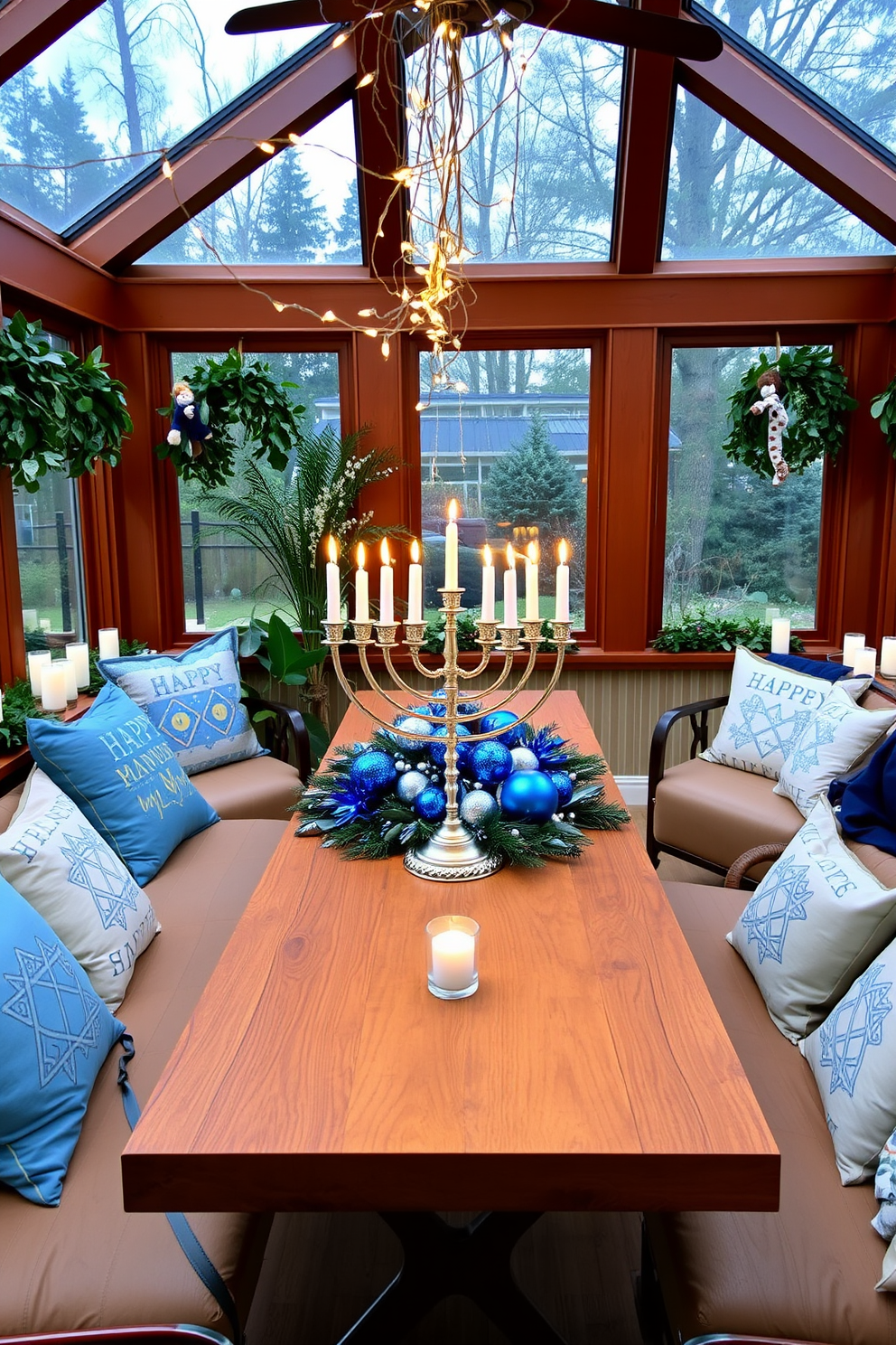 A festive menorah is beautifully displayed as the centerpiece on a long wooden table. Surrounding the menorah are vibrant blue and silver decorations, with twinkling fairy lights draped overhead to create a warm ambiance. The sunroom is adorned with colorful Hanukkah-themed pillows on the seating, inviting guests to relax and enjoy the celebration. Fresh greenery and white candles are placed on the windowsills, enhancing the festive atmosphere while allowing natural light to stream in.