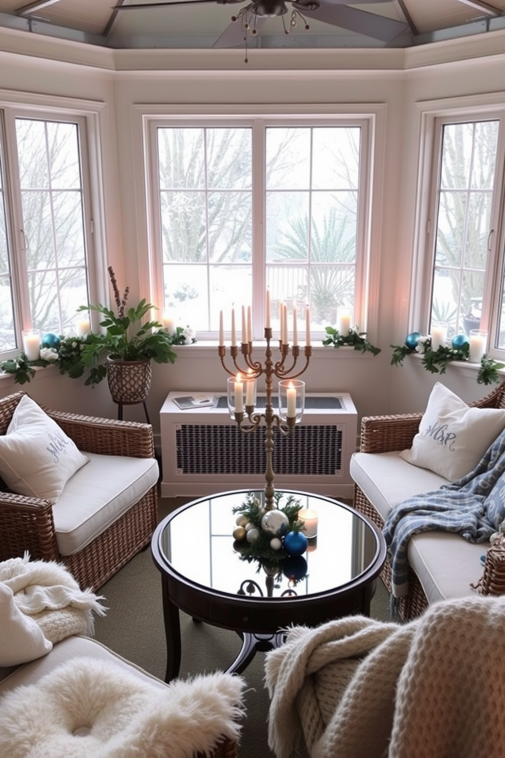 A cozy sunroom adorned for Hanukkah. The space is filled with natural light, featuring comfortable seating and a small coffee table decorated with blue and silver ornaments. Scented candles are strategically placed on the windowsills, creating a warm and inviting atmosphere. A beautiful menorah sits on the table, surrounded by festive decorations and soft throws for added comfort.