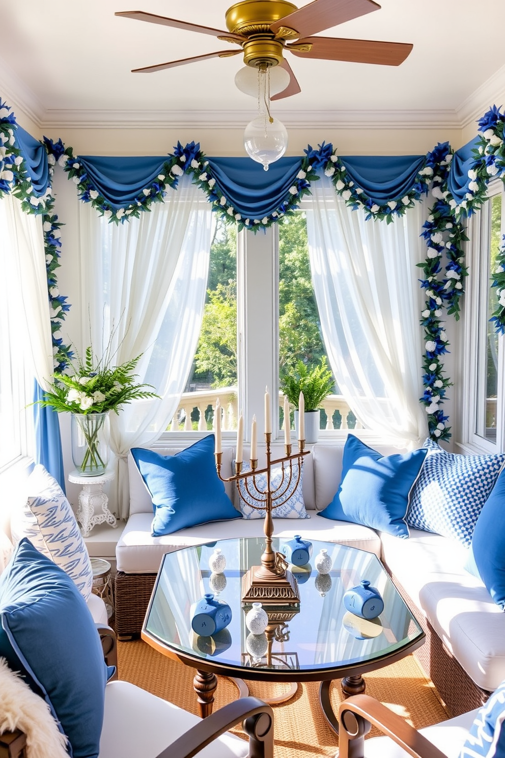 A bright and inviting sunroom adorned with blue and white accents. Soft, sheer curtains frame the windows, allowing natural light to flood the space, while a cozy seating area features plush cushions in varying shades of blue. Decorative elements celebrate Hanukkah, including a beautifully arranged menorah on a glass table. Blue and white ceramic dreidels and festive garlands add a cheerful touch, creating a warm atmosphere for gatherings.