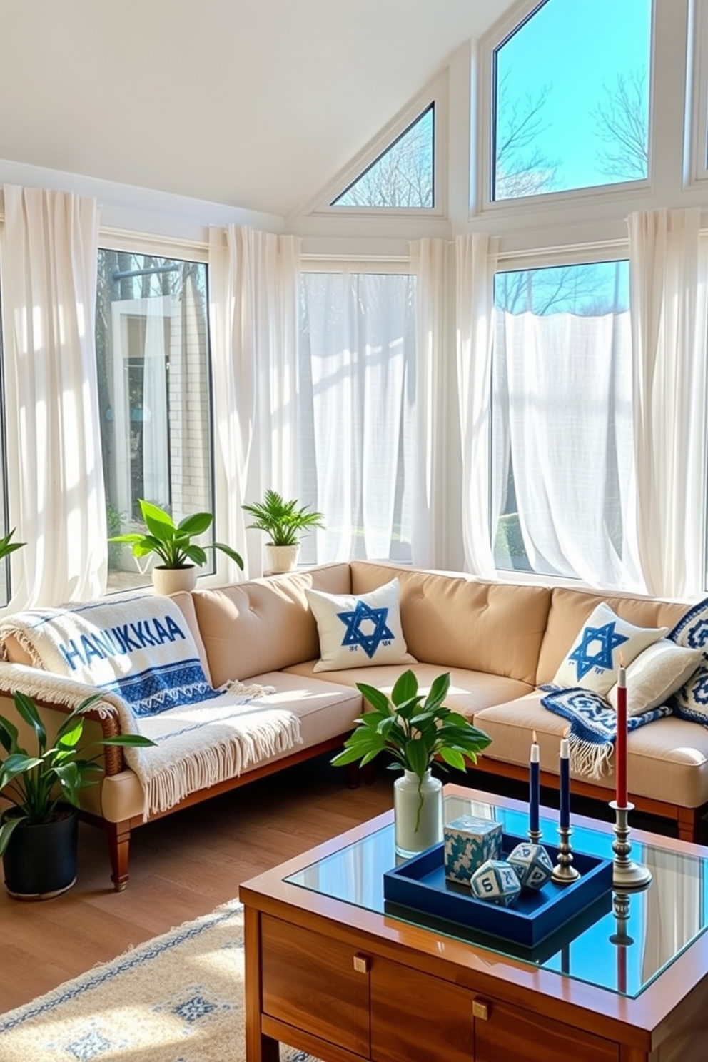 A cozy sunroom filled with natural light and warmth. Soft, Hanukkah-themed throw blankets are draped over a plush sectional sofa, adorned with blue and silver accents. Potted plants add a touch of greenery, while a stylish coffee table displays festive candles and decorative dreidels. The windows are adorned with sheer white curtains, allowing the sunlight to filter through and create a welcoming atmosphere.