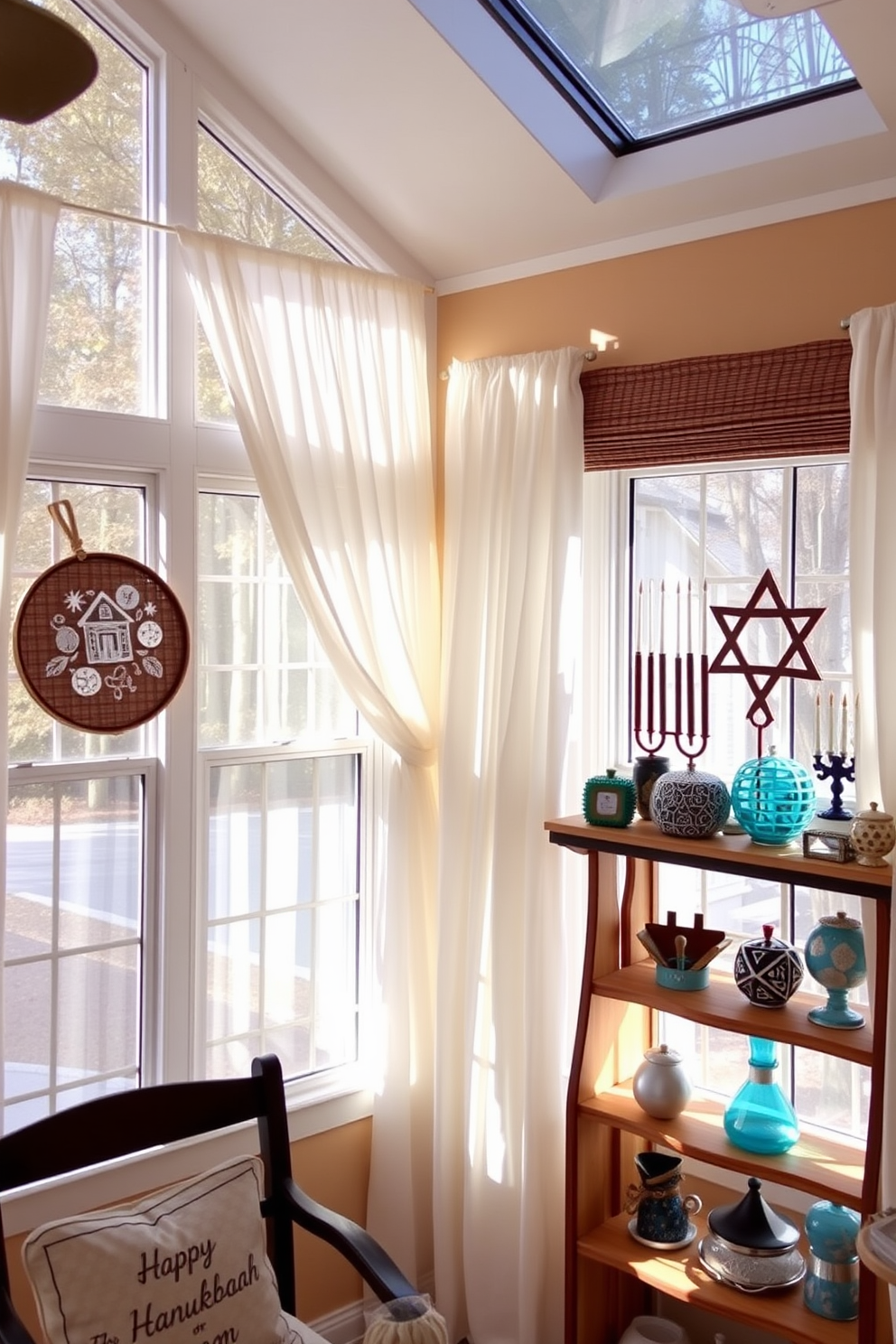 A bright and inviting sunroom filled with natural light. The space features large windows draped with sheer white curtains, allowing sunlight to filter in softly. In one corner, a decorative dreidel collection is displayed on a rustic wooden shelf. The shelves are adorned with festive Hanukkah decorations, including blue and silver accents that complement the warm tones of the sunroom.