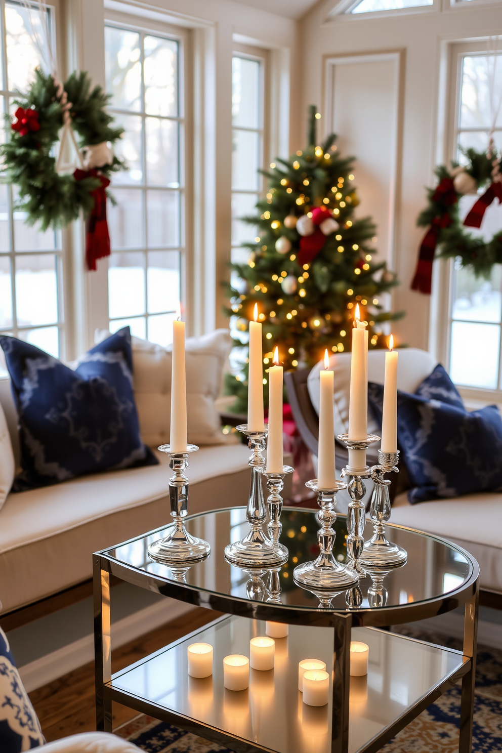 A cozy sunroom adorned for Hanukkah features a stylish side table with an array of elegant candles in varying heights. Soft, warm lighting creates a welcoming atmosphere, complemented by festive decorations that celebrate the holiday spirit.