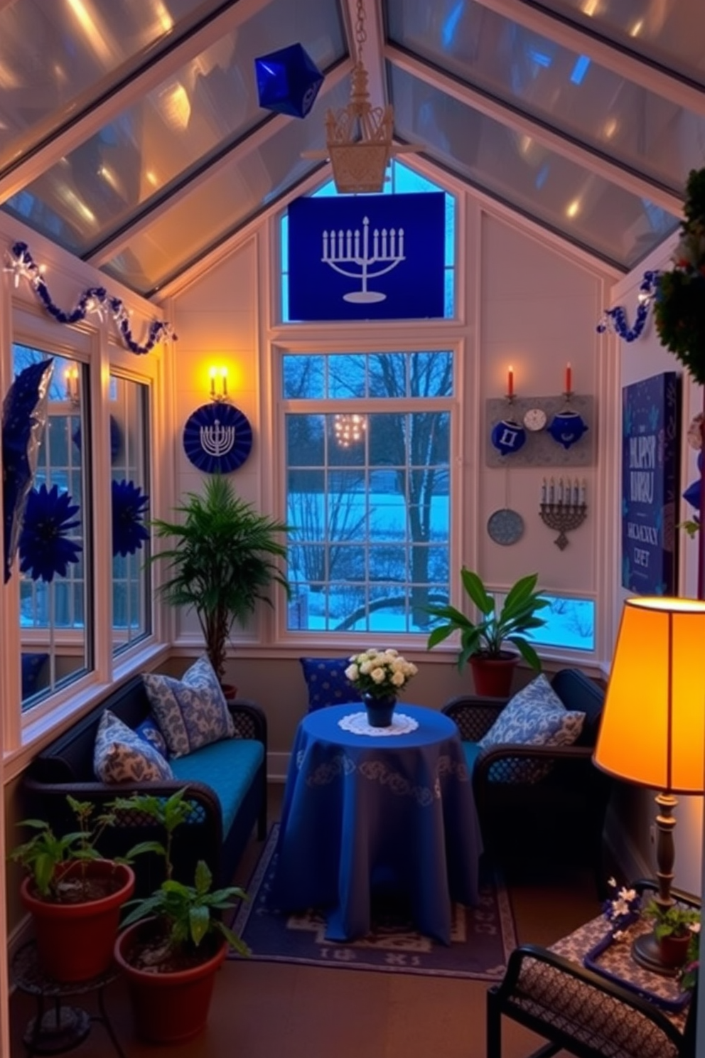 A bright and inviting sunroom adorned with Hanukkah-themed wall art. The walls are decorated with vibrant blue and silver decorations, featuring menorahs and dreidels that celebrate the holiday spirit. Comfortable seating is arranged around a small table, draped with a festive tablecloth. Soft, warm lighting enhances the cozy atmosphere, while potted plants add a touch of greenery to the festive decor.