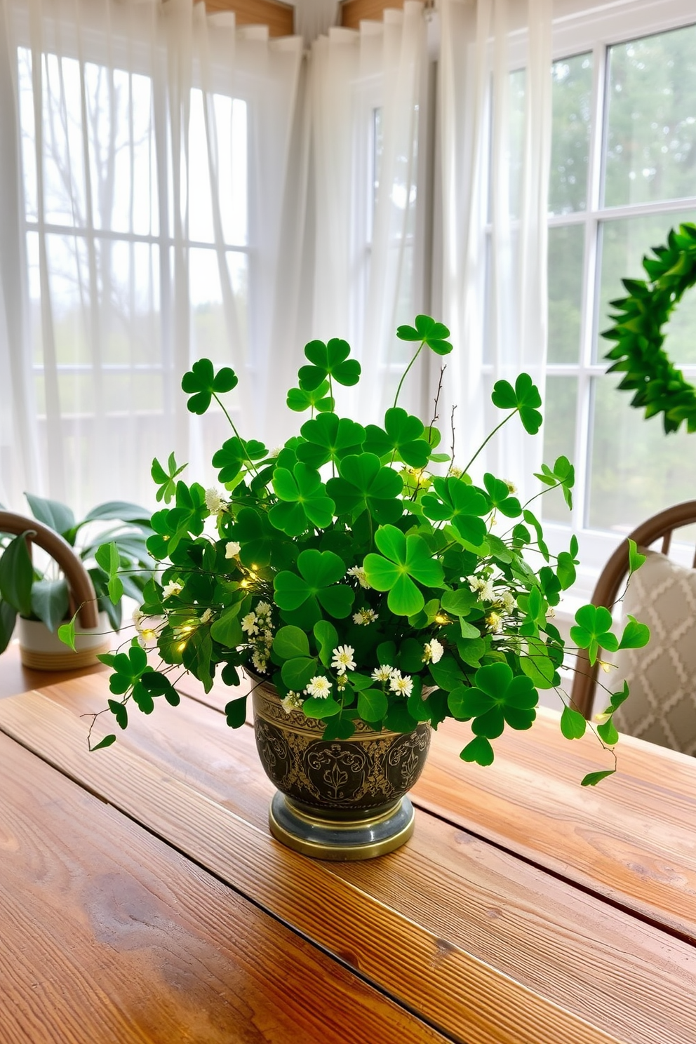 A vibrant green shamrock table centerpiece arrangement fills the sunroom with festive cheer. The centerpiece features various sizes of shamrocks in a decorative pot, surrounded by small white flowers and twinkling fairy lights. The sunroom is adorned with light, airy curtains that flutter gently in the breeze. A rustic wooden table complements the centerpiece, creating a warm and inviting atmosphere perfect for St. Patrick's Day celebrations.