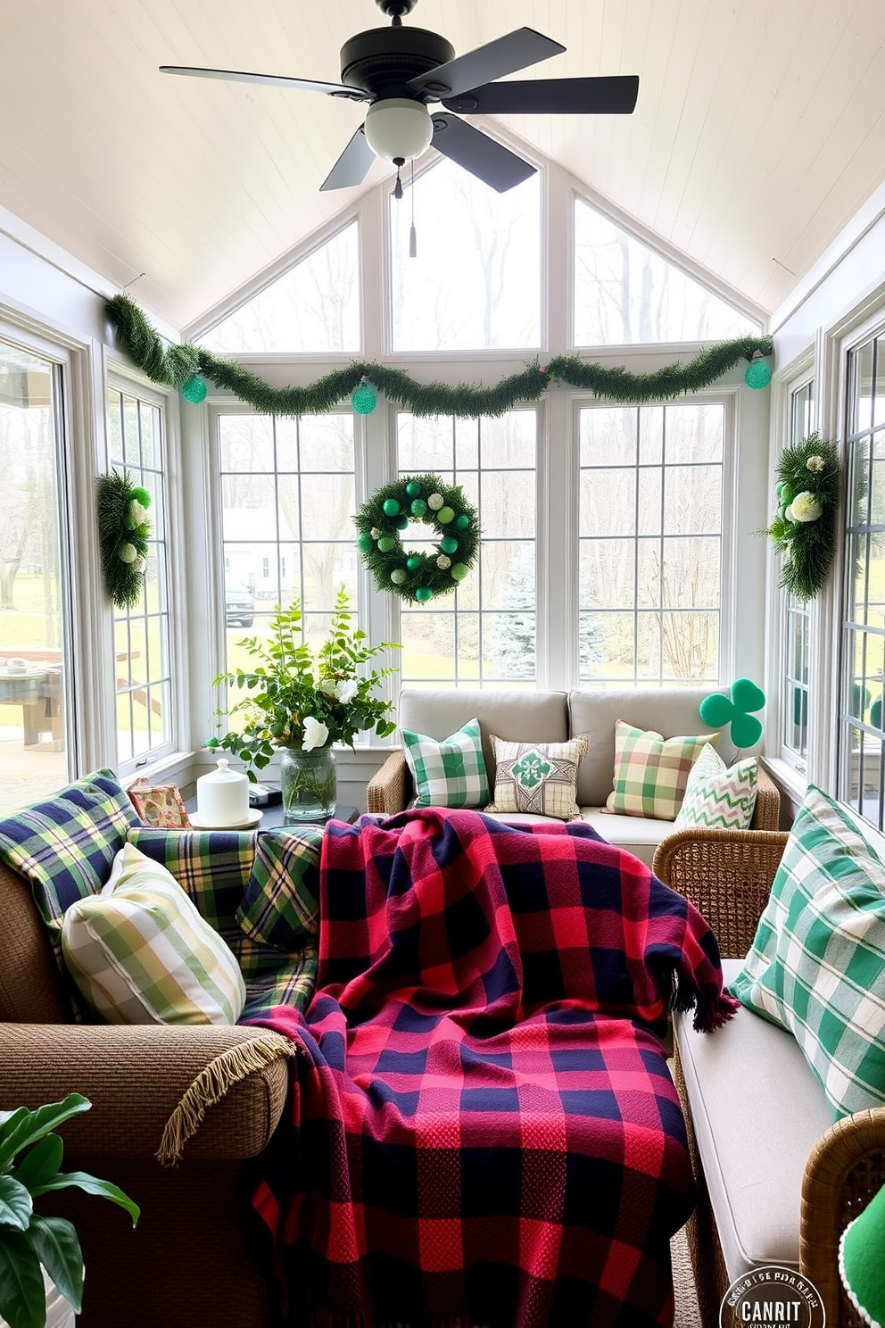 Cozy plaid blankets are draped over a selection of comfortable seating options in a bright sunroom. The space is adorned with cheerful St. Patrick's Day decorations, featuring green accents and festive ornaments that create a warm and inviting atmosphere.