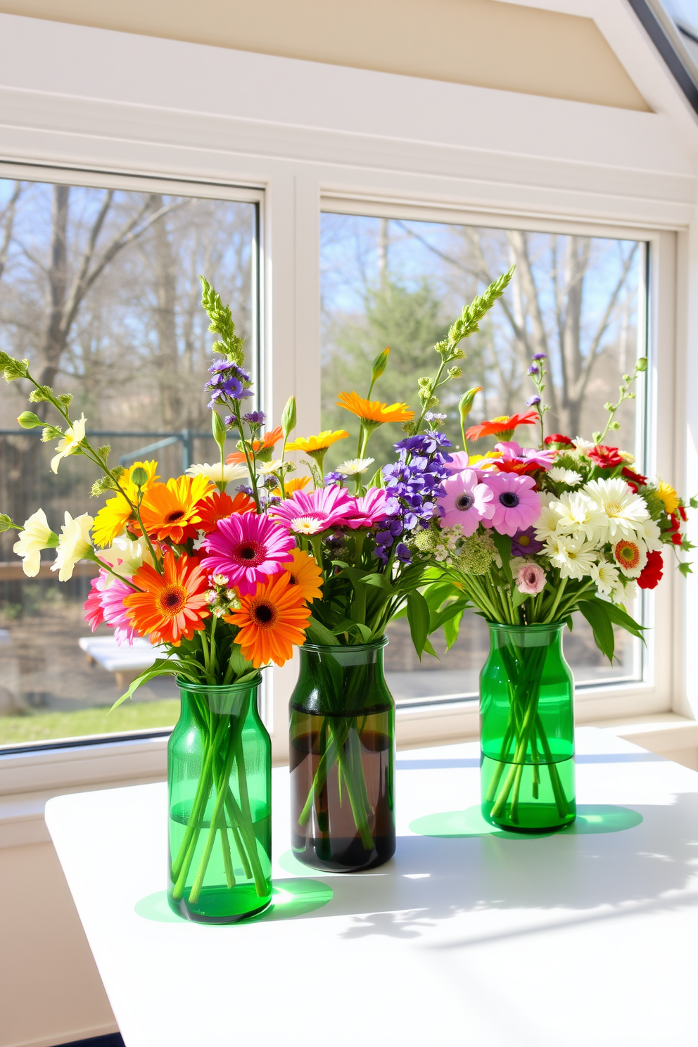 Fresh flowers in green vases create a vibrant and inviting atmosphere in the sunroom. The combination of natural light and colorful blooms enhances the festive spirit of St. Patrick's Day, bringing a touch of nature indoors.