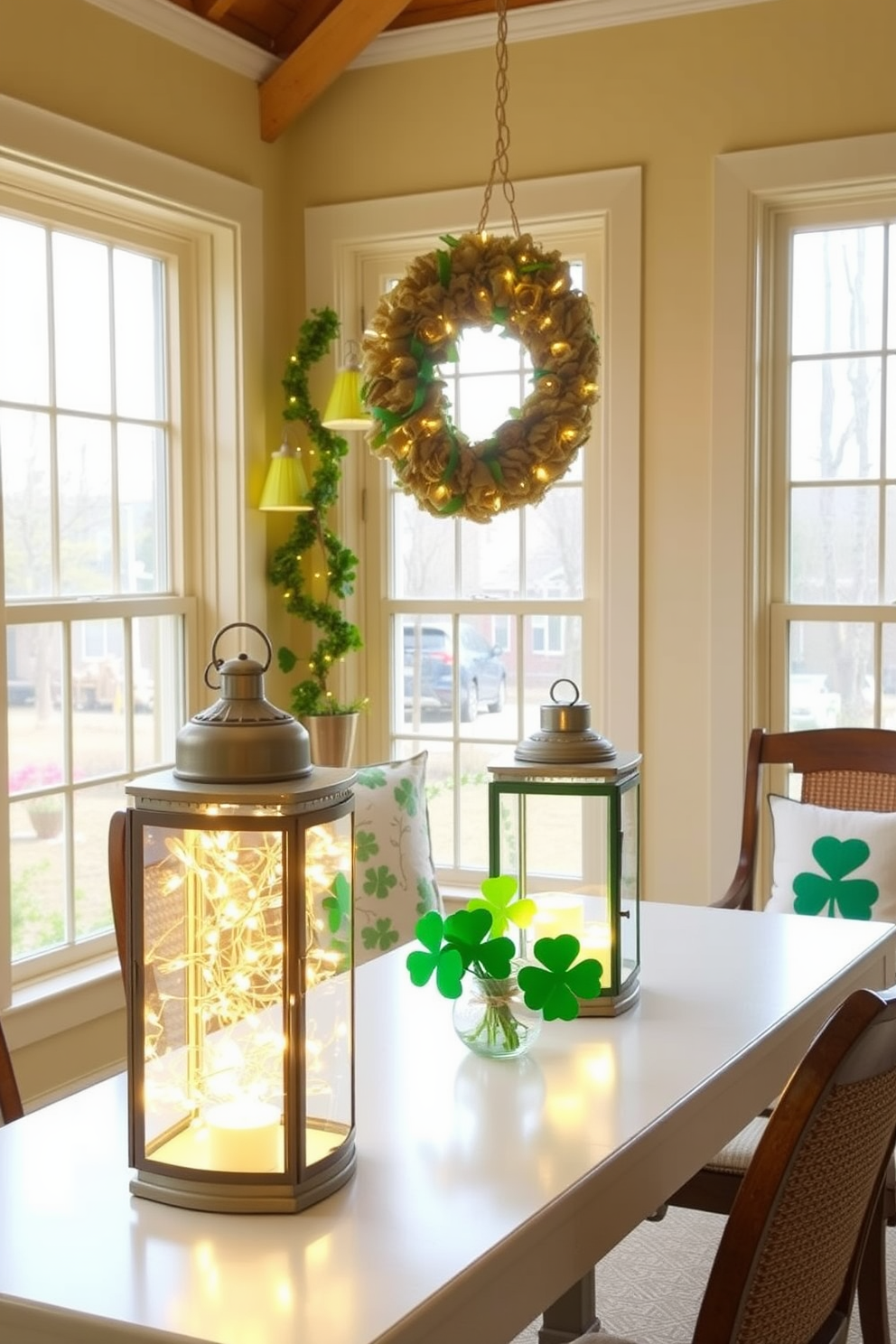 Decorative lanterns filled with fairy lights create a warm and inviting atmosphere in the sunroom. The soft glow enhances the natural light streaming through the windows, making it the perfect space for relaxation and gatherings. For St. Patrick's Day, vibrant green accents and shamrock-themed decor can be incorporated throughout the sunroom. Use the lanterns to illuminate festive centerpieces and create a cheerful ambiance for celebrating the holiday.