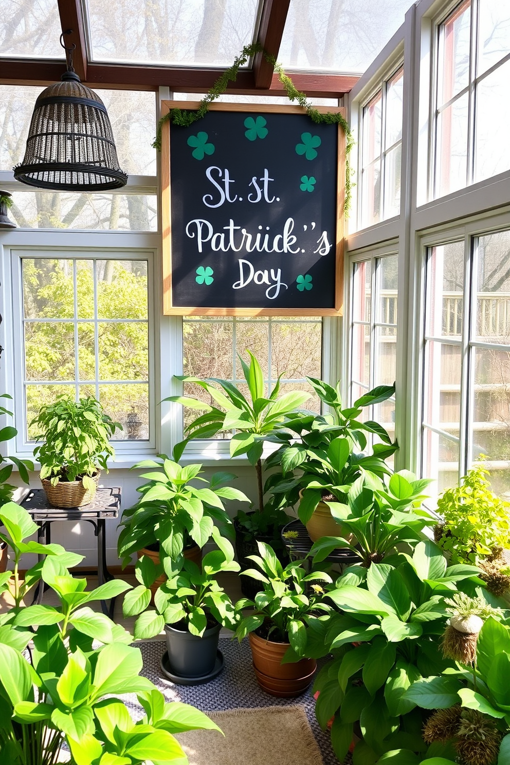 A charming sunroom adorned with a chalkboard sign featuring festive St. Patrick's Day greetings. The space is filled with vibrant green plants, and natural light streams in through large windows, creating a warm and inviting atmosphere.