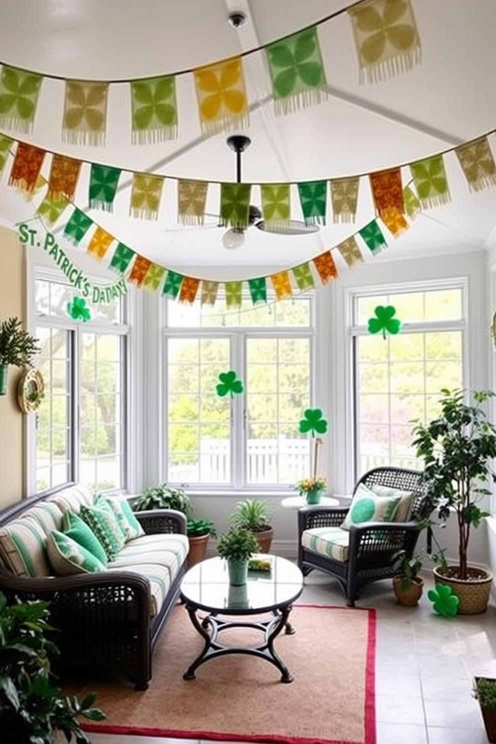 A bright and cheerful sunroom adorned with colorful St. Patrick's Day banners that create a festive atmosphere. The room features large windows that allow natural light to flood in, illuminating the green and gold decorations throughout the space.