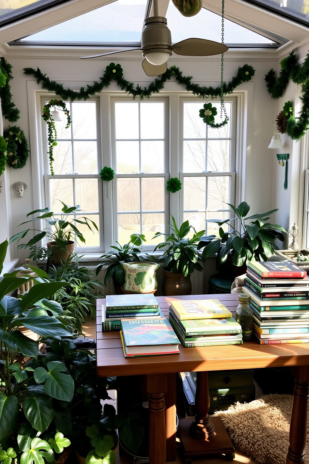 A cozy sunroom adorned with Irish-themed decorations. There are stacks of colorful books featuring Irish folklore and history arranged artfully on a rustic wooden table. The walls are decorated with green and gold accents to celebrate St. Patrick's Day. Lush plants and soft natural light create a warm and inviting atmosphere perfect for reading and relaxation.