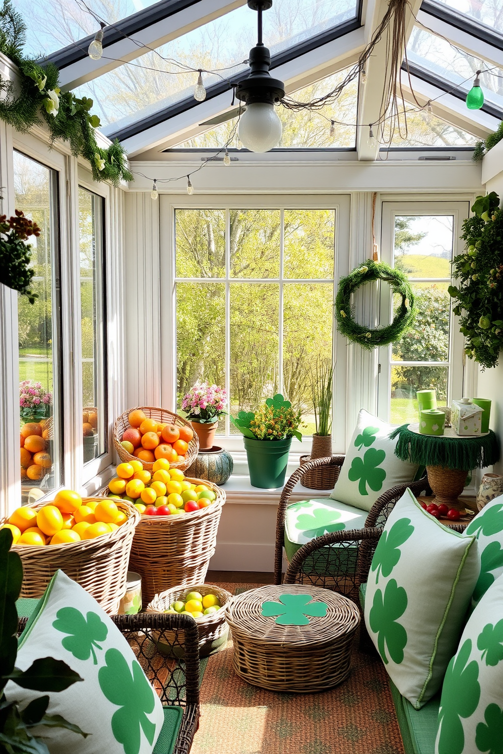 A cozy sunroom filled with natural light. In one corner, there are several woven baskets overflowing with vibrant seasonal fruits, creating a warm and inviting atmosphere. The decor is inspired by St. Patrick's Day, featuring green accents and festive decorations. Shamrock-patterned cushions adorn the seating, and delicate fairy lights twinkle overhead, enhancing the cheerful ambiance.