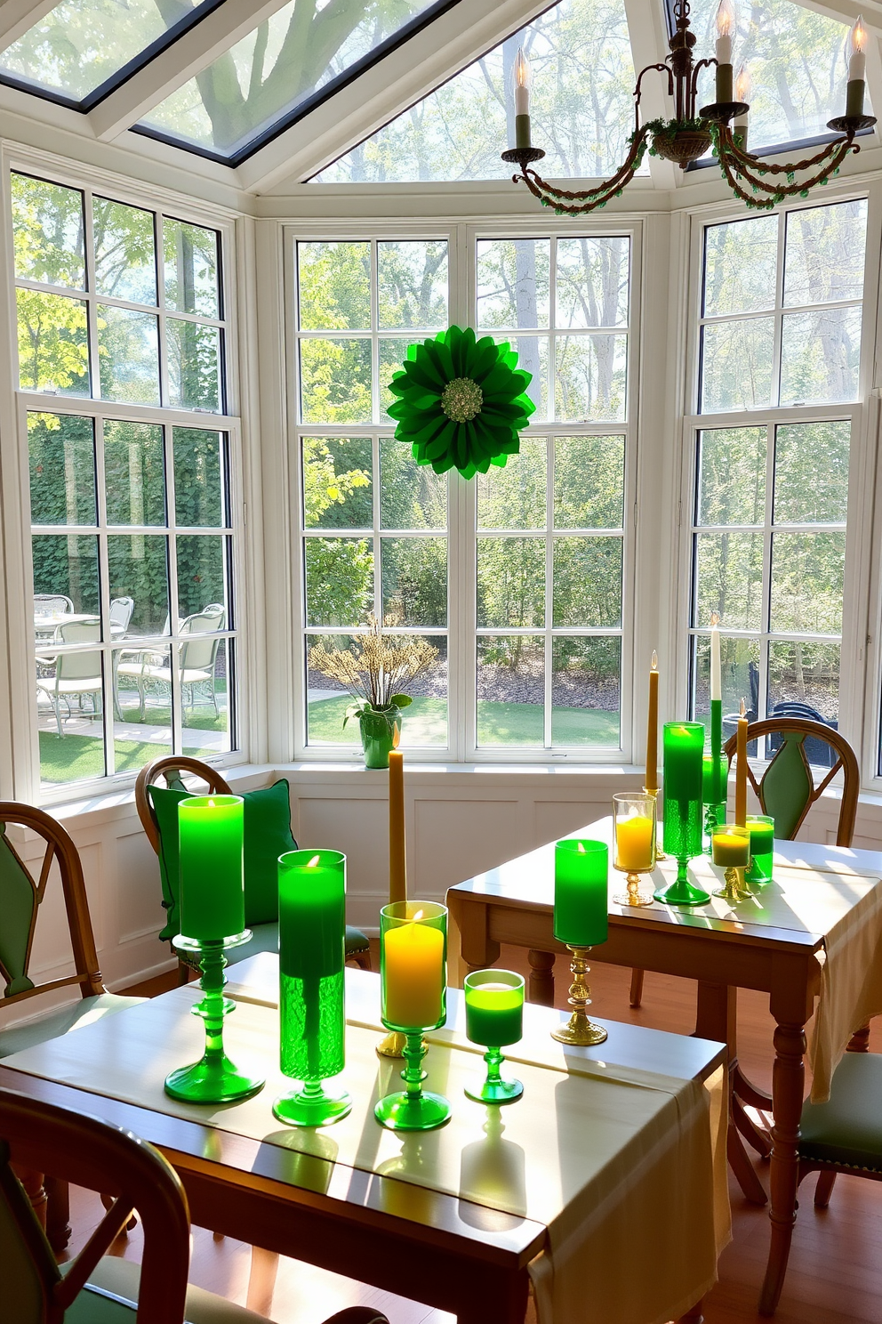 A sunroom adorned with green and gold candles placed elegantly on tabletops creates a festive atmosphere. The natural light streaming through the windows enhances the vibrant decorations, making it perfect for St. Patrick's Day celebrations.