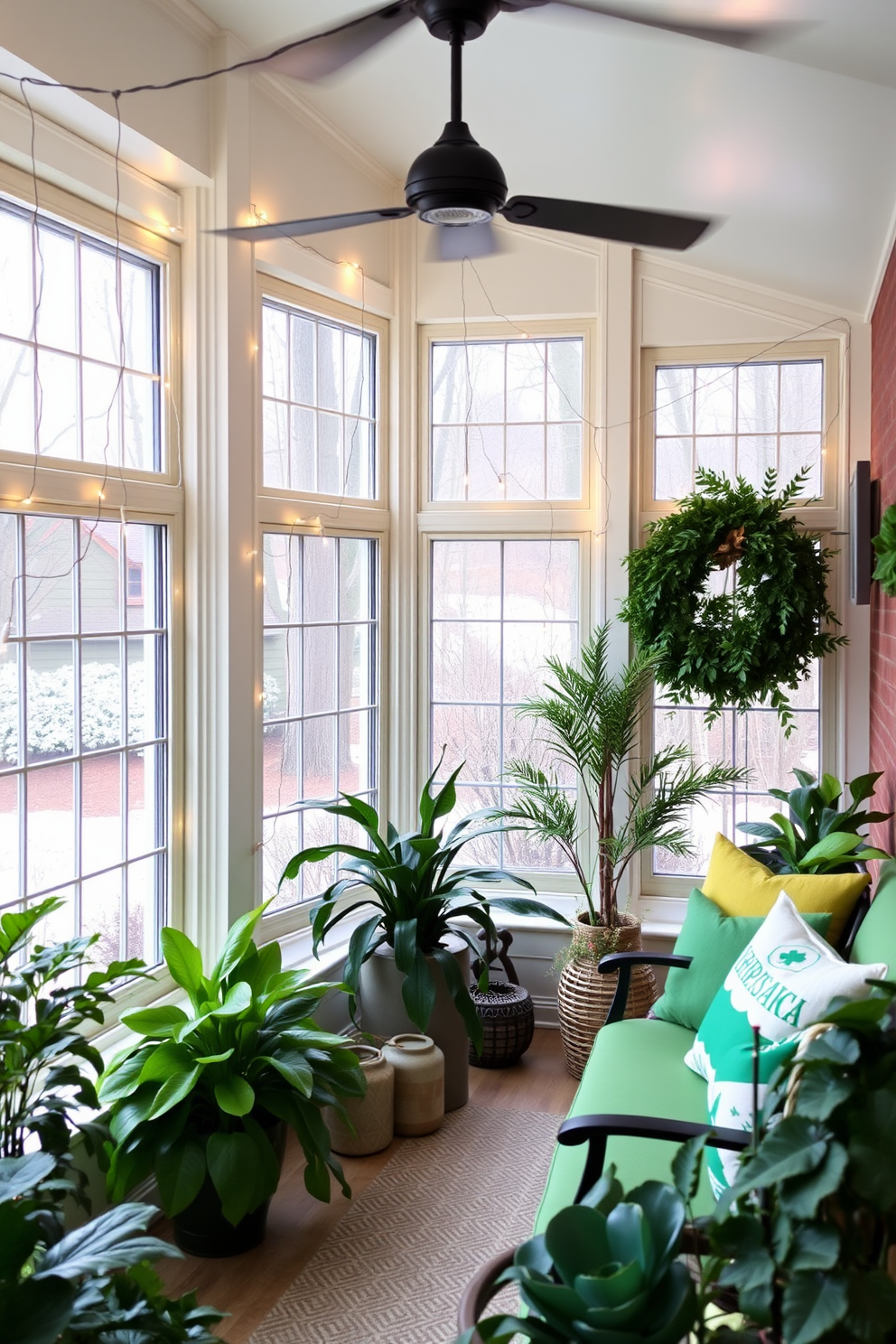 A cozy sunroom adorned for St. Patrick's Day features string lights elegantly draped across large windows. The room is filled with lush green plants and festive decorations including shamrocks and gold accents.