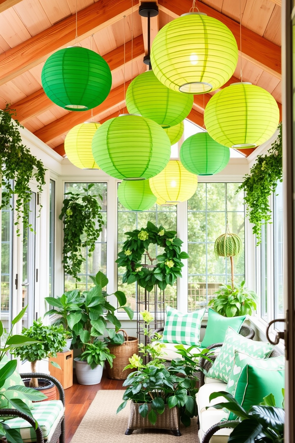 Create a bright and inviting sunroom adorned with hanging paper lanterns in various shades of green. The space is filled with lush plants and comfortable seating, creating a perfect atmosphere for celebrating St. Patrick's Day.