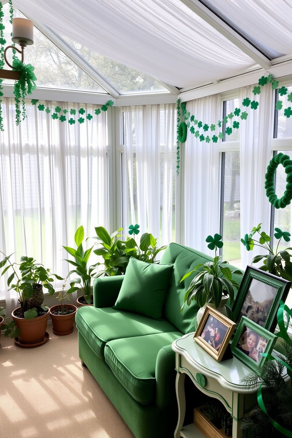 A sunroom filled with natural light featuring large windows adorned with sheer white curtains. In the corner, a cozy seating area includes a plush green sofa surrounded by vibrant potted plants. On a side table, framed family photos in green frames capture cherished memories, adding a personal touch. St. Patrick's Day decorations such as shamrock garlands and green accents create a festive atmosphere throughout the space.