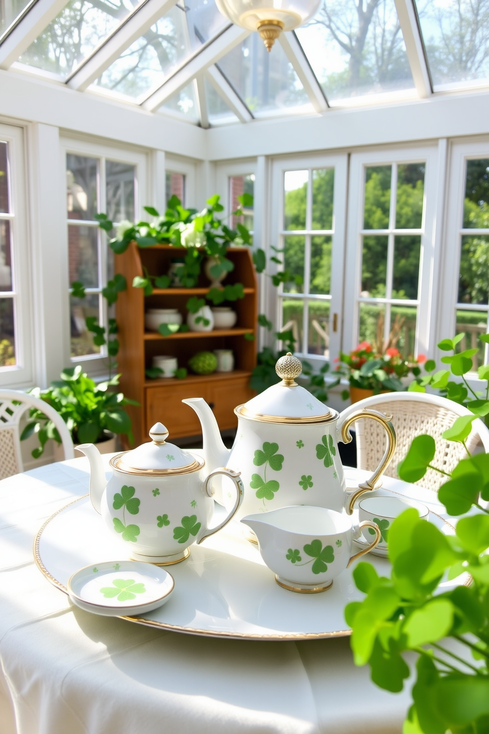 A charming sunroom filled with natural light features a beautifully arranged tea set adorned with delicate shamrock motifs. The table is set with pastel-colored linens, and lush green plants are placed around the room to enhance the festive St. Patrick's Day atmosphere.