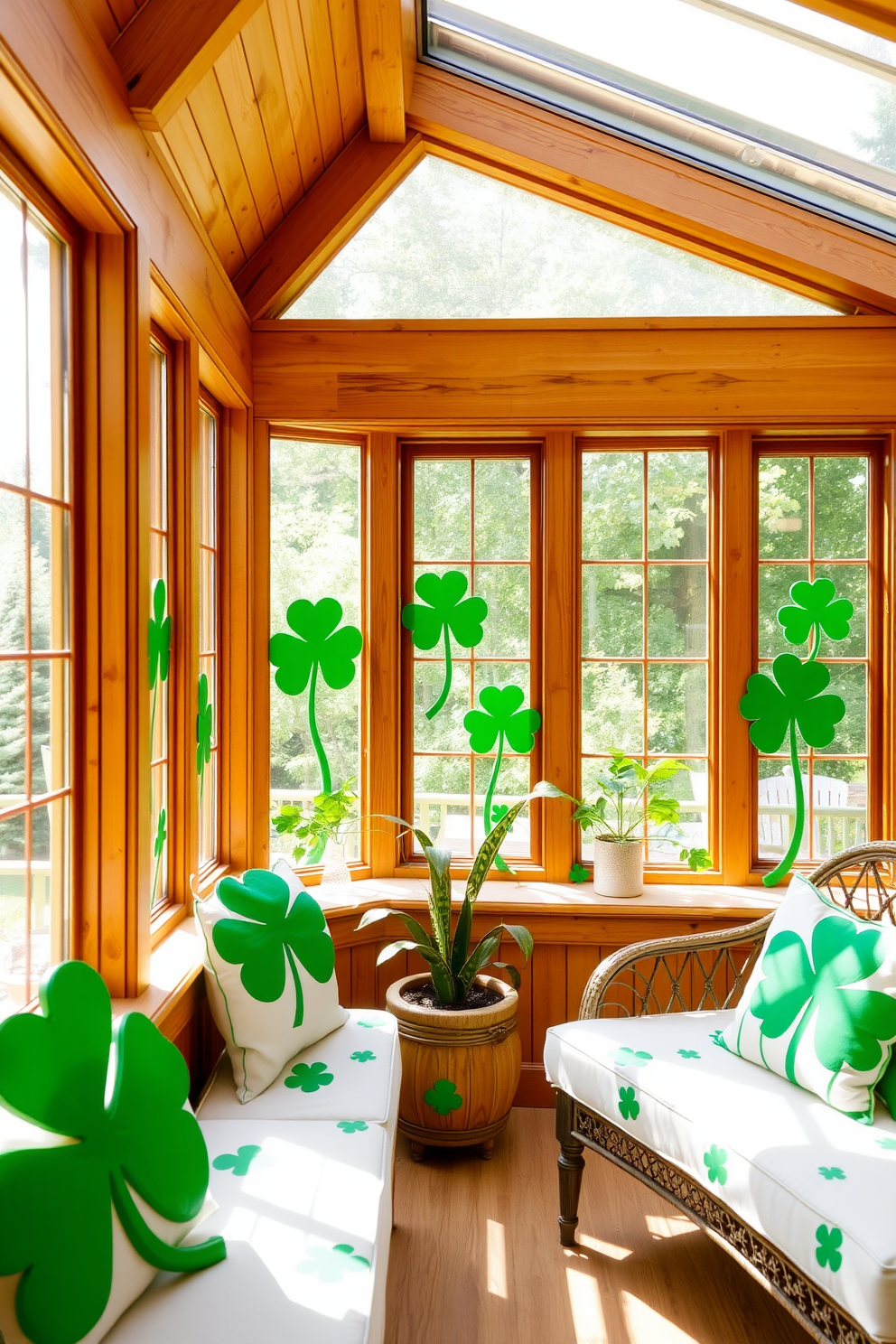 A bright sunroom filled with natural light features wooden accents throughout the space. Painted shamrocks in various sizes adorn the walls and window sills, creating a festive atmosphere for St. Patrick's Day.