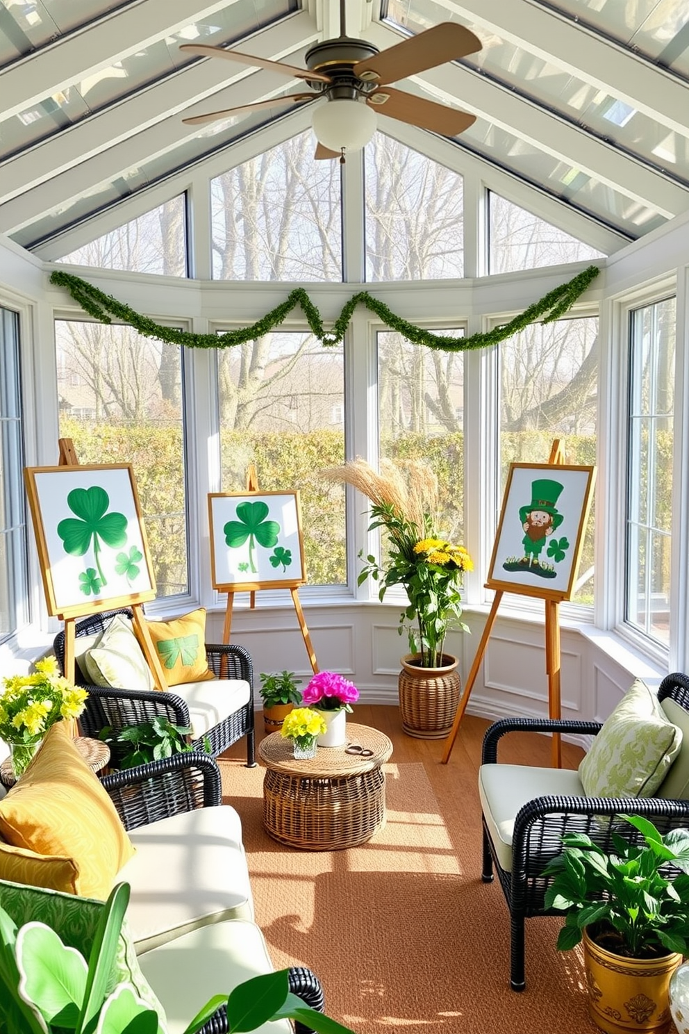 A bright and airy sunroom filled with natural light. Seasonal artwork featuring shamrocks and leprechauns is displayed on easels around the room, creating a festive atmosphere for St. Patrick's Day. Soft green and gold accents complement the decor, with cozy seating arranged for relaxation. Potted plants and fresh flowers enhance the cheerful vibe, making it a perfect gathering space for celebrating the holiday.