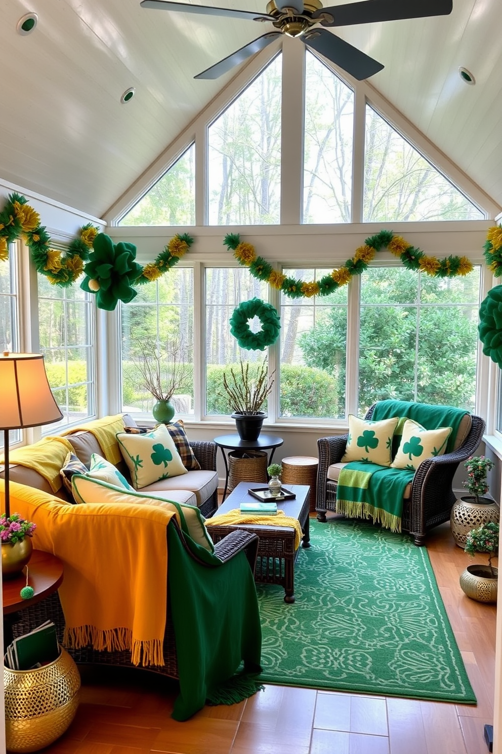 A cozy sunroom filled with comfortable seating arrangements adorned with festive green and gold throws. Large windows allow natural light to flood the space, enhancing the cheerful St. Patrick's Day decorations throughout the room.