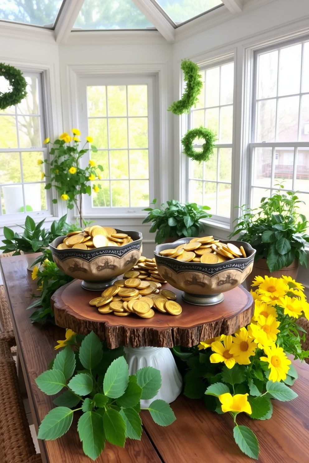 A bright and airy sunroom adorned for St. Patrick's Day features decorative bowls filled with shimmering gold coins. The bowls are artfully arranged on a rustic wooden table surrounded by lush green plants and cheerful yellow flowers.