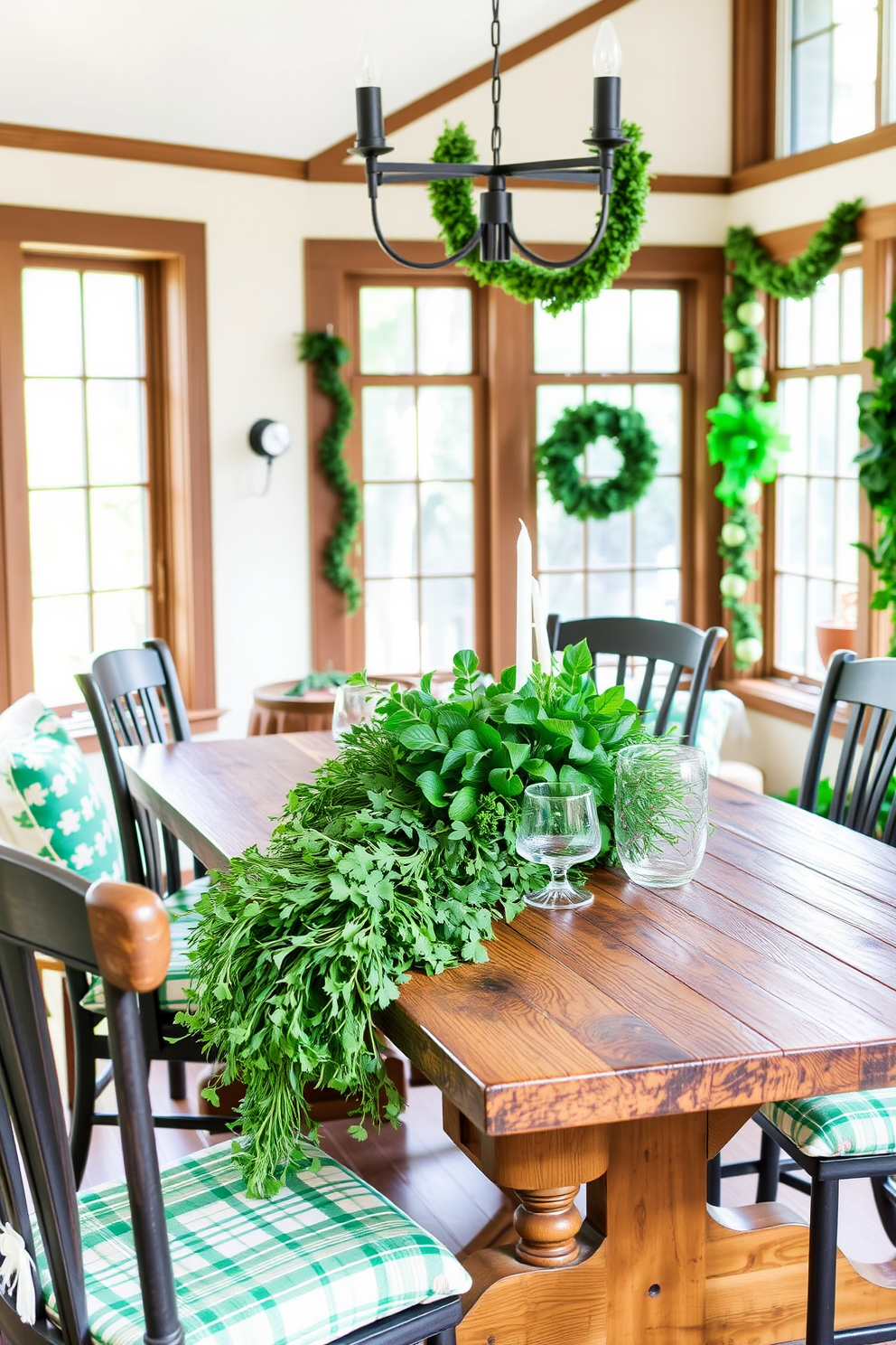 A rustic wooden table is adorned with a lush greenery centerpiece, creating a warm and inviting atmosphere. Natural light floods the sunroom, highlighting the vibrant colors of the decorations for St. Patrick's Day.