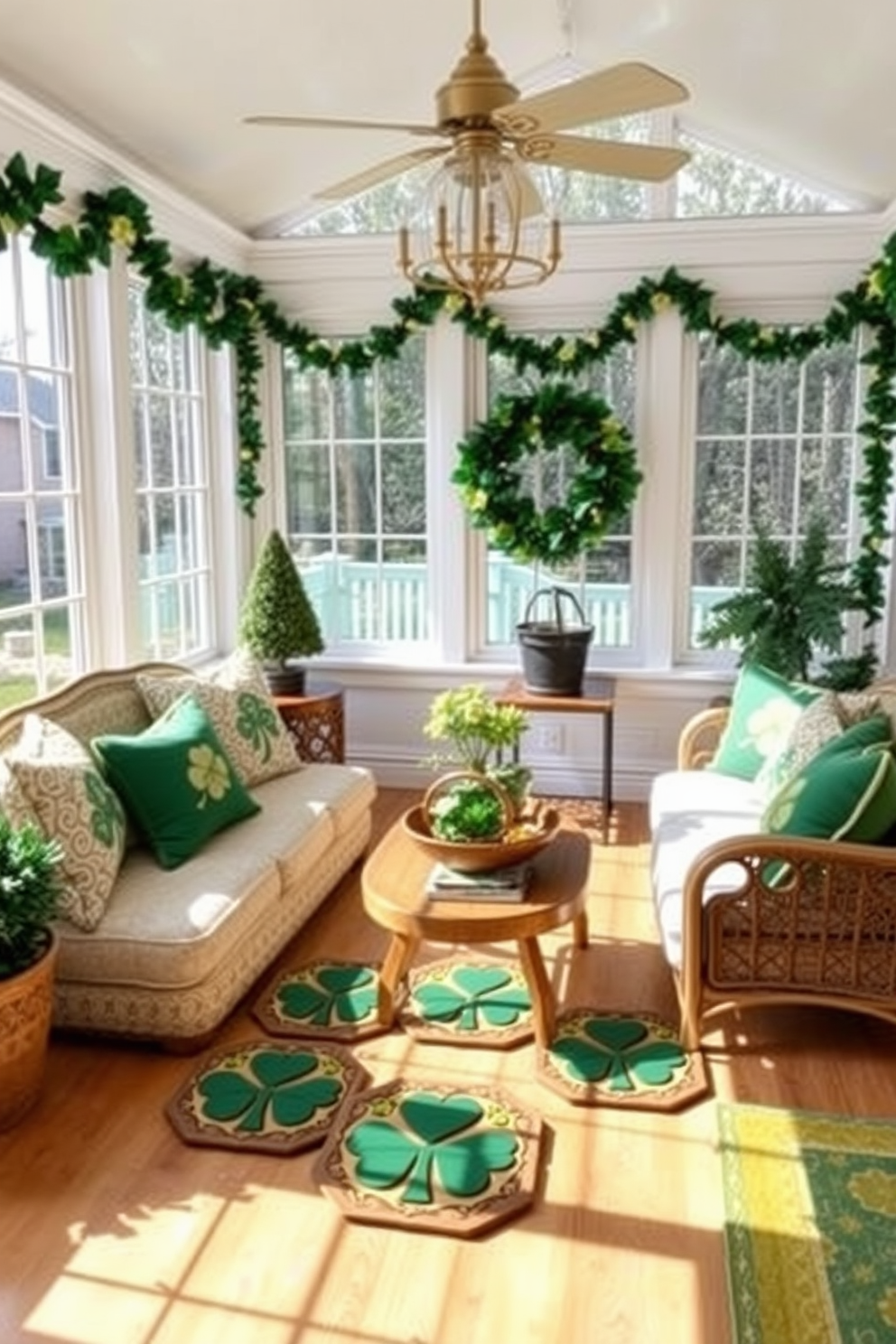 A cozy sunroom adorned with St. Patrick's Day themed coasters featuring intricate shamrock designs. The space is filled with natural light, showcasing green and gold accents throughout the decor, including vibrant throw pillows and festive garlands.