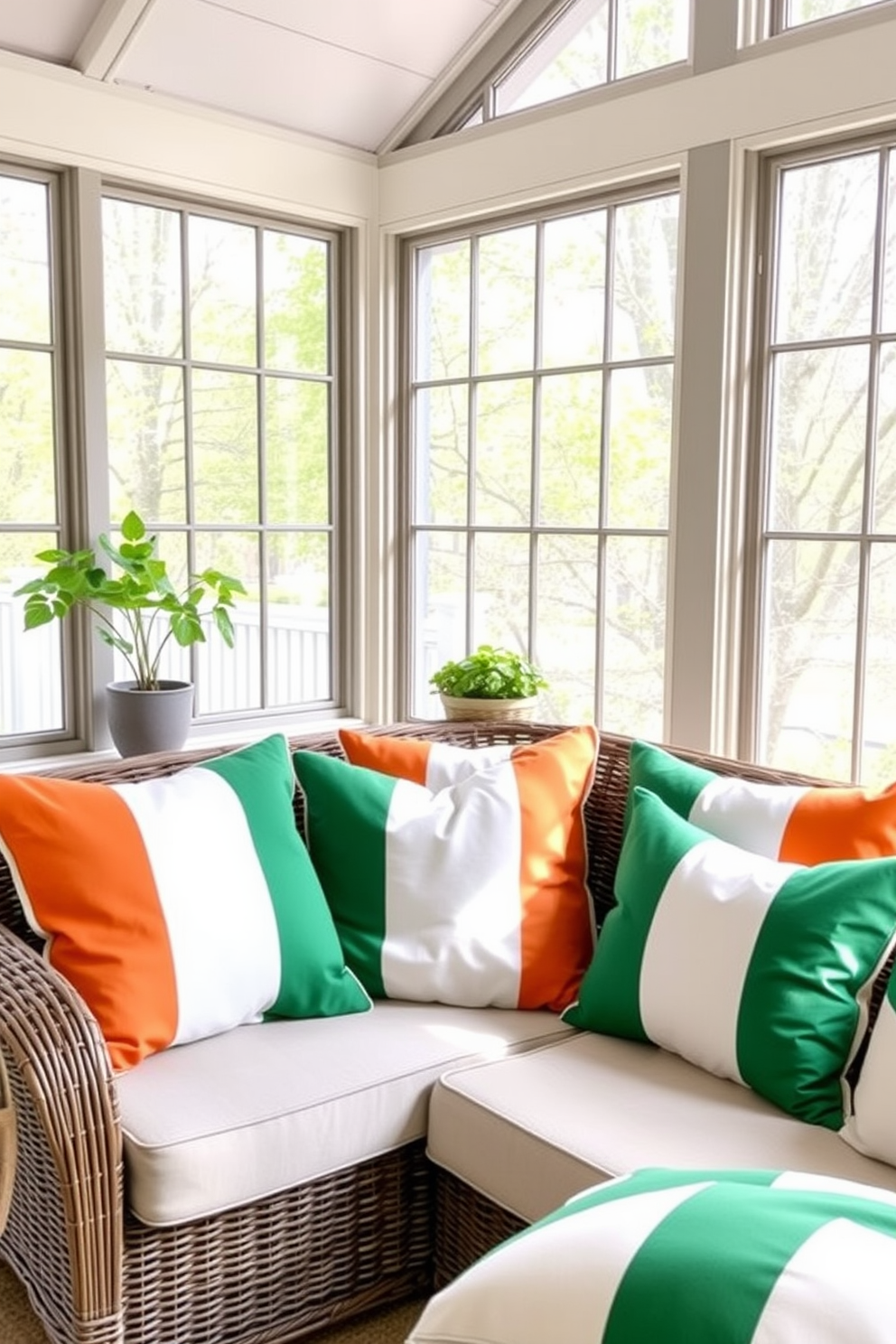 Irish flag themed throw pillows adorn a cozy sunroom with large windows allowing natural light to flood the space. The pillows, featuring vibrant green, white, and orange stripes, are arranged on a comfortable wicker sofa, creating a festive atmosphere for St. Patrick's Day celebrations.