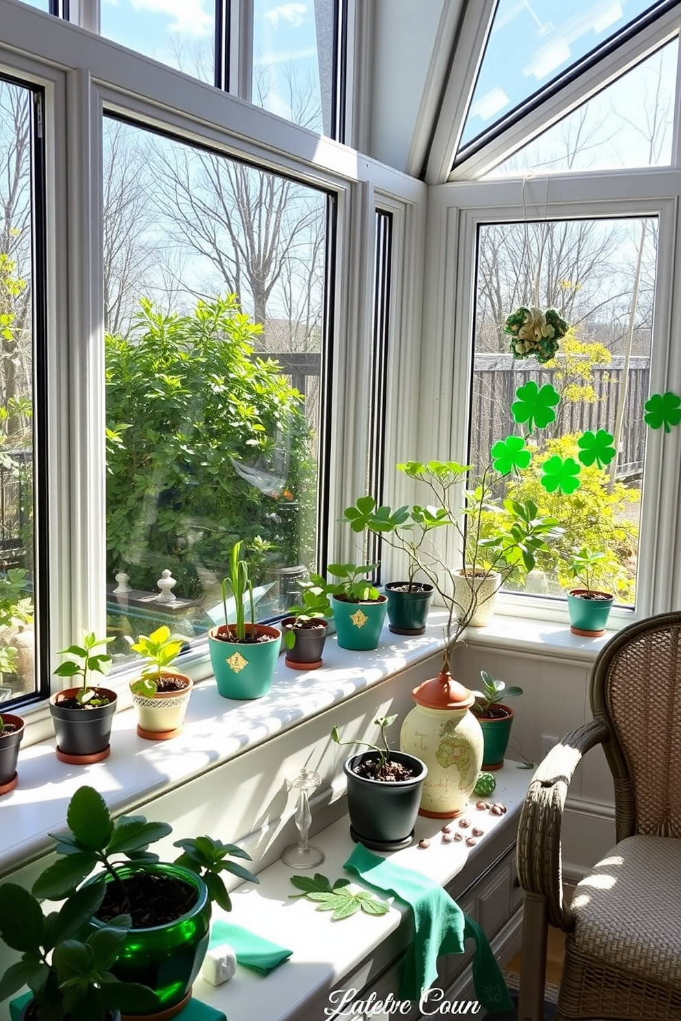 A bright sunroom filled with natural light. The window sills are adorned with small potted plants, creating a vibrant and lively atmosphere. Festive decorations for St. Patrick's Day are tastefully arranged throughout the space. Green accents and charming shamrock motifs enhance the cheerful ambiance of the room.