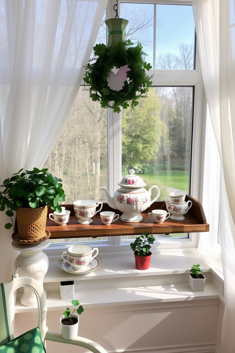 A charming sunroom adorned with a vintage Irish tea set display. The tea set features intricate floral patterns and delicate porcelain, beautifully arranged on a rustic wooden shelf. Soft natural light filters through sheer white curtains, illuminating the space and creating a warm ambiance. Green and gold accents enhance the St. Patrick's Day theme, with small potted shamrocks placed on the windowsill.