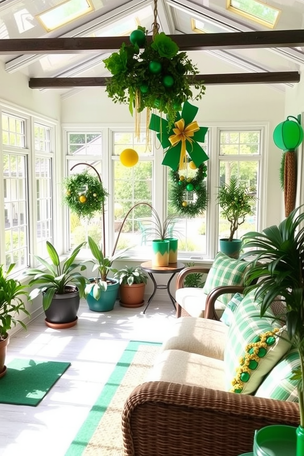 A bright and inviting sunroom filled with natural light. Potted greenery with gold accents is strategically placed throughout the space, enhancing the cheerful atmosphere. Festive St. Patrick's Day decorations adorn the room, featuring green and gold elements. A cozy seating area invites relaxation while celebrating the holiday spirit.