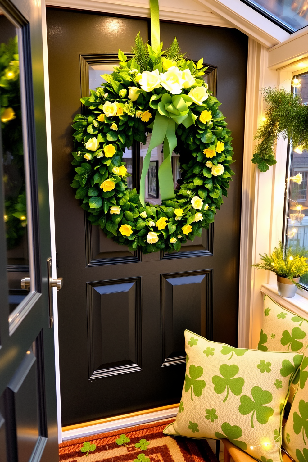 A vibrant St. Patrick's Day wreath adorns the front door, crafted from lush green foliage and accented with cheerful yellow and white flowers. Scattered throughout the sunroom are playful decorations, including shamrock-themed cushions and twinkling fairy lights, creating a warm and inviting atmosphere.