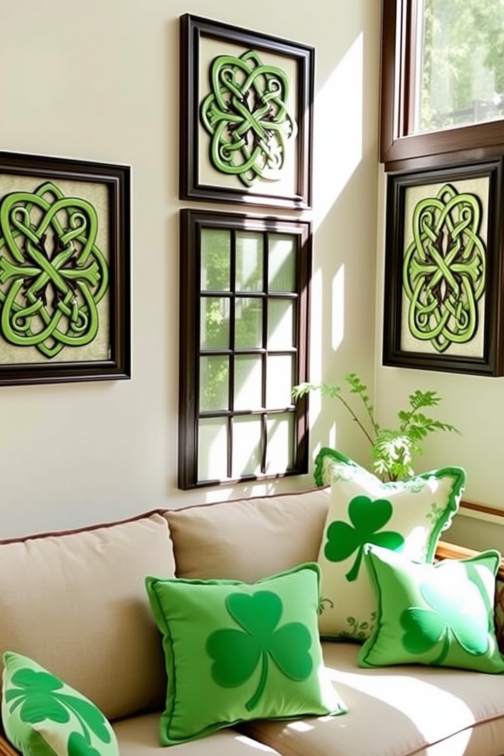 Celtic knot wall art pieces adorn the sunroom walls, adding a touch of heritage and elegance to the space. The intricate designs are framed in dark wood, creating a striking contrast against the light-colored walls. For St. Patrick's Day decorating ideas, vibrant green accents are scattered throughout the sunroom. Soft, plush pillows featuring shamrock patterns complement the natural light streaming through the large windows.