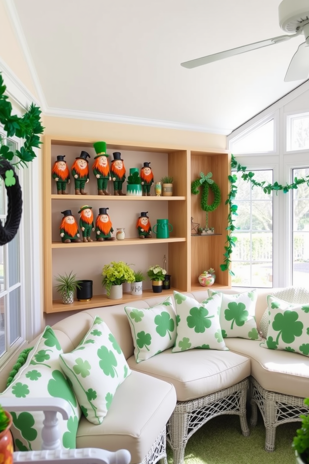 A charming sunroom decorated for St. Patrick's Day features shelves adorned with whimsical leprechaun figurines in various poses. The bright space is filled with green accents, including shamrock-patterned cushions and festive garlands, creating a cheerful atmosphere.