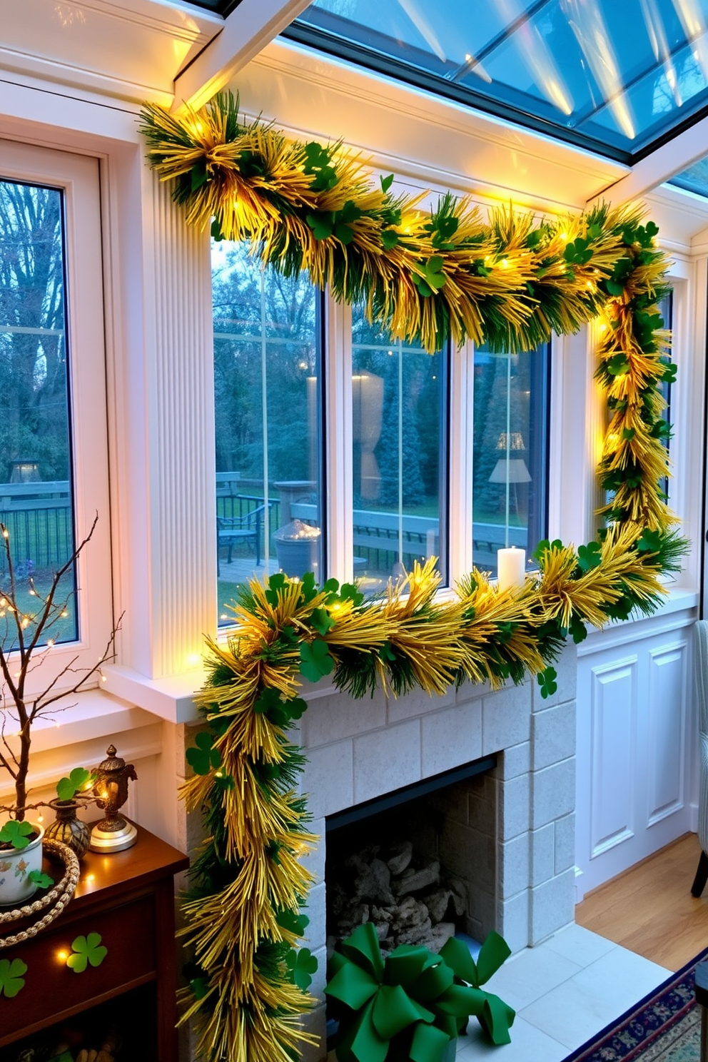 A sunroom adorned with a lush gold and green garland draped elegantly along the mantel. The vibrant decor captures the spirit of St. Patrick's Day, featuring accents of shamrocks and twinkling fairy lights for a festive atmosphere.