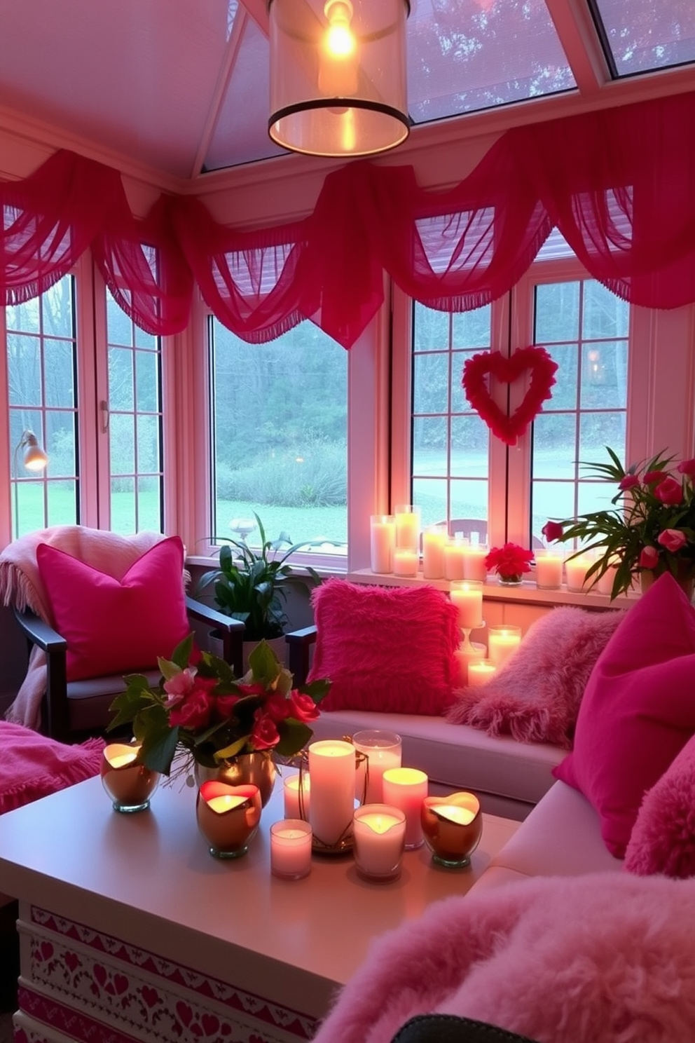 A cozy sunroom decorated for Valentine's Day features an array of candles nestled in heart-shaped holders. The warm glow from the candles creates a romantic ambiance, complemented by soft throws and plush cushions in shades of pink and red.