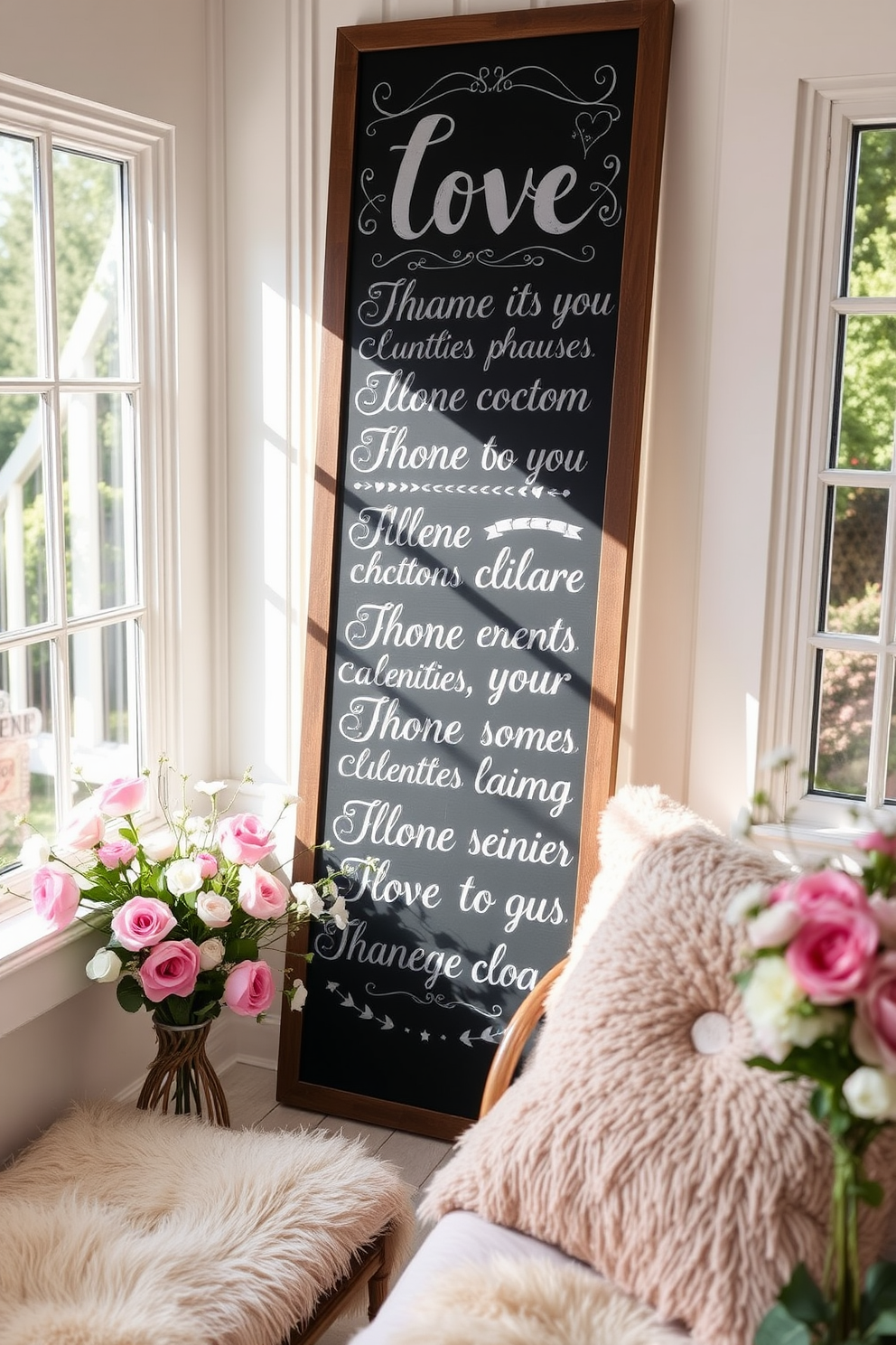 A charming sunroom filled with natural light. The space features a chalkboard sign adorned with beautiful love quotes, creating a romantic atmosphere for Valentine's Day. Surrounding the sign are delicate floral arrangements in soft pinks and whites. Cozy seating with plush cushions invites guests to relax and enjoy the serene setting.