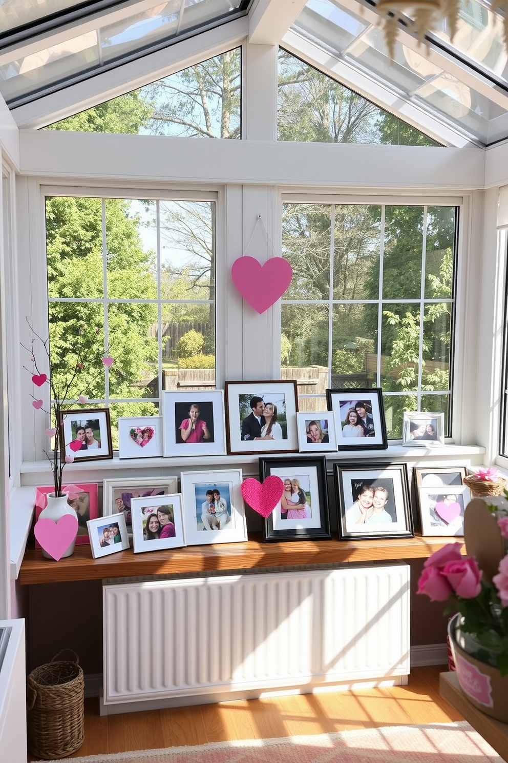 A bright sunroom filled with natural light showcases framed photos of special memories displayed on a wooden shelf. The decor features soft pastel colors with heart-shaped accents, creating a cozy and romantic atmosphere for Valentine's Day.