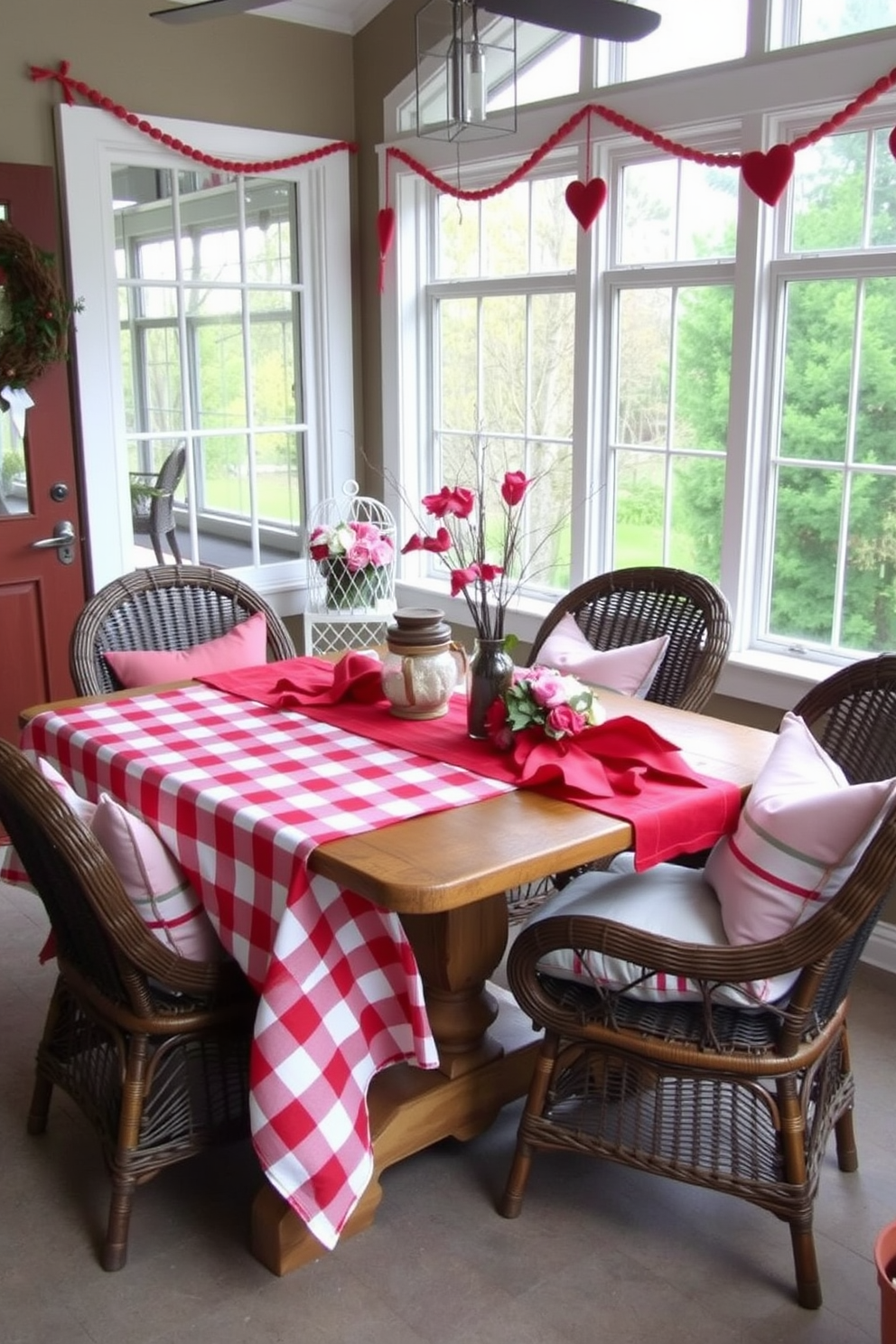 A cozy sunroom decorated for Valentine's Day features a red and white checkered tablecloth draped over a rustic wooden dining table. Surrounding the table, there are comfortable wicker chairs adorned with soft cushions in shades of pink and white.