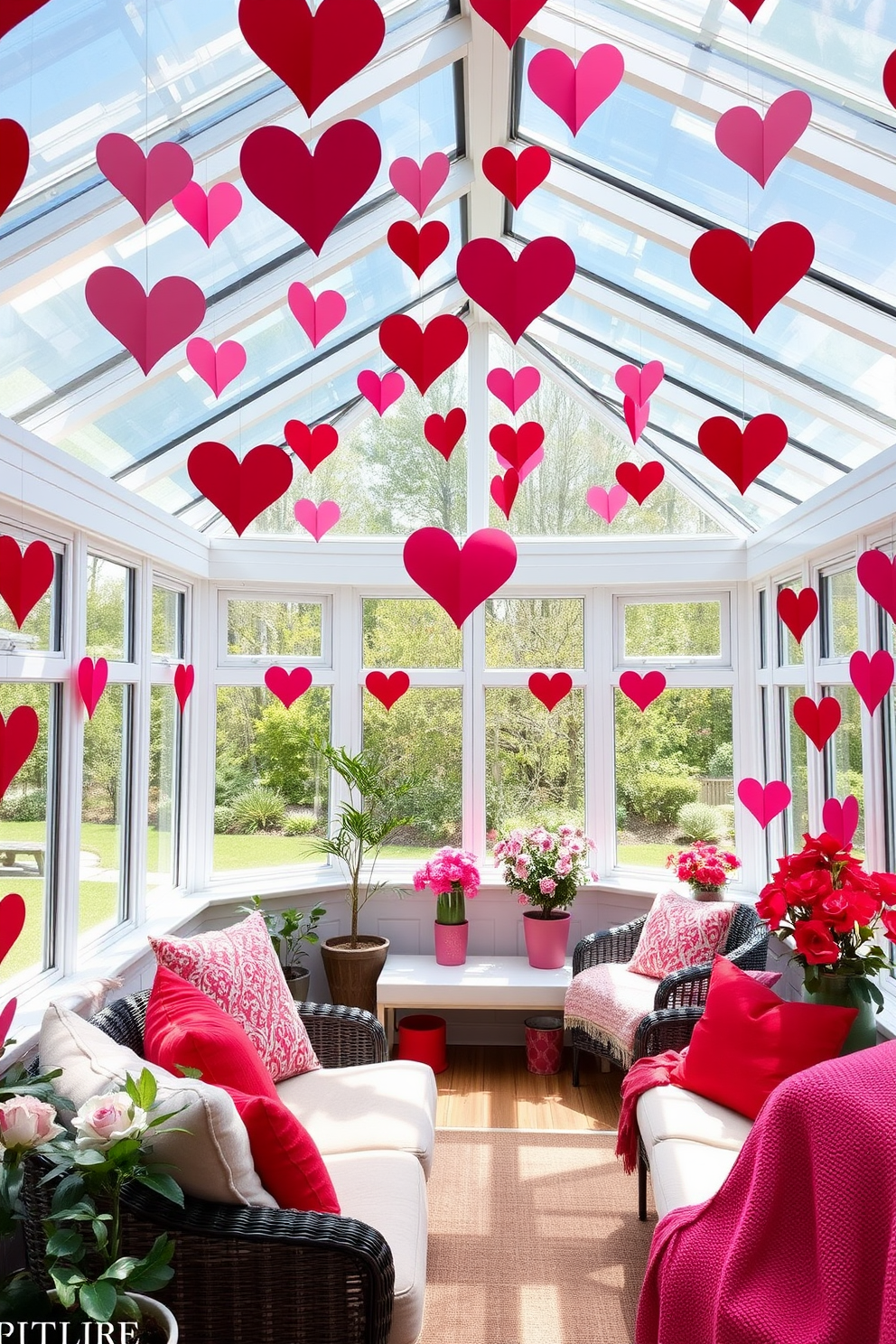 A bright and cheerful sunroom filled with natural light. The ceiling is adorned with hanging paper hearts in various shades of red and pink, creating a festive atmosphere for Valentine's Day. Cozy seating areas are arranged with plush cushions and throws in complementary colors. Potted plants and floral arrangements add a touch of freshness to the decor, enhancing the romantic vibe.