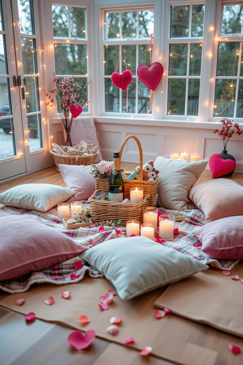 A romantic picnic setup on the floor features a soft plaid blanket spread out with an assortment of plush cushions in pastel colors. A wicker basket filled with gourmet snacks and a bottle of sparkling wine sits at the center, surrounded by flickering candles and fresh flowers. The sunroom is adorned with delicate fairy lights strung along the windows, creating a warm and inviting atmosphere. To enhance the Valentine's Day theme, heart-shaped decorations and soft rose petals are scattered around, adding a touch of love to the space.