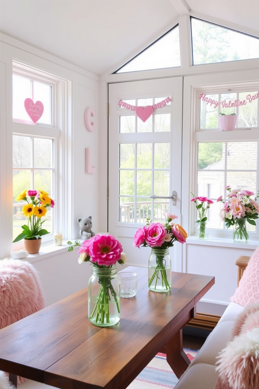 A bright and inviting sunroom filled with natural light. Fresh flowers in mason jars are arranged on a rustic wooden table, adding a touch of color and charm. The walls are adorned with soft pastel decorations that celebrate Valentine's Day. Cozy seating with plush cushions invites relaxation while enjoying the beautiful floral displays.