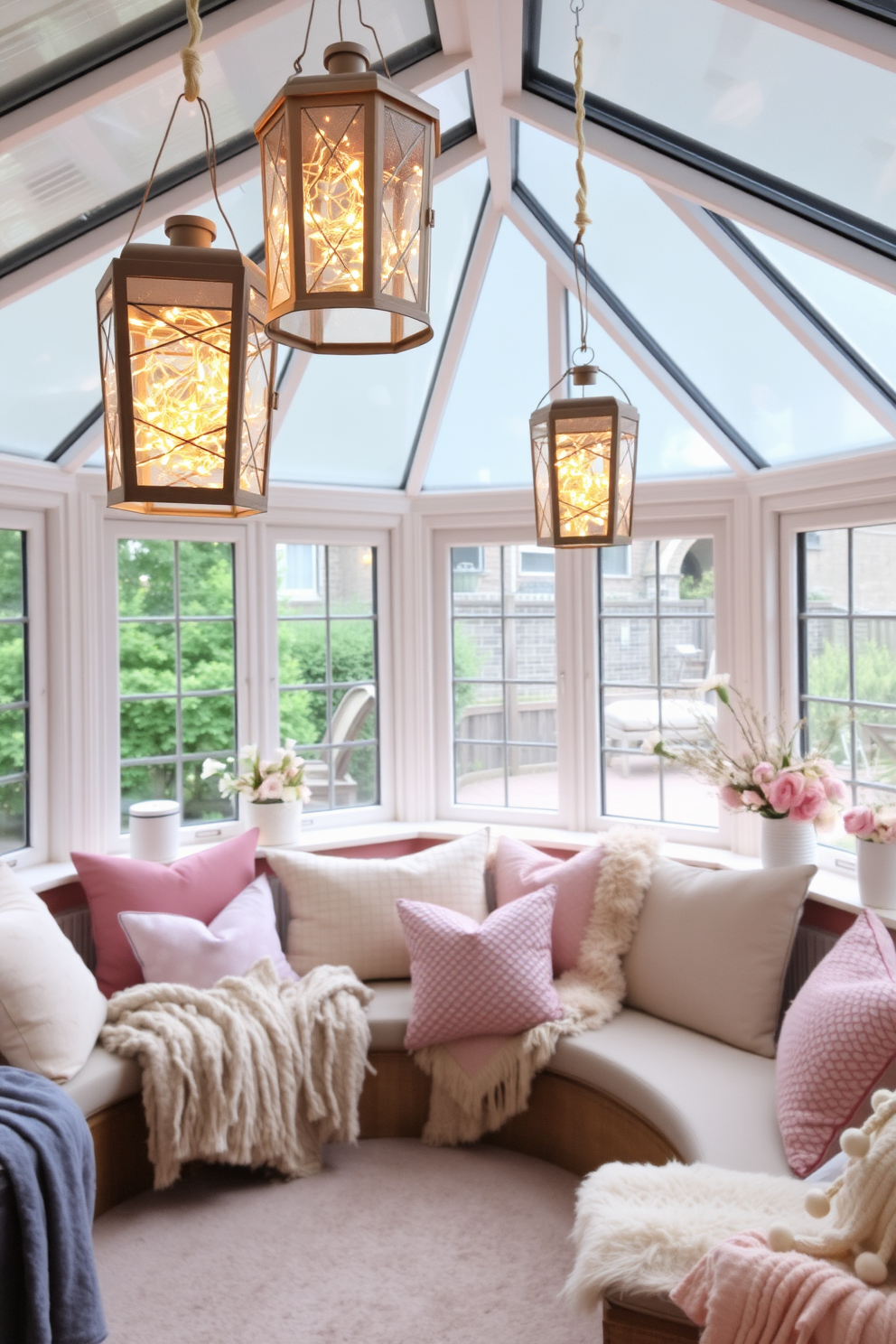 Decorative lanterns filled with warm fairy lights hang from the ceiling in a bright sunroom. The space is adorned with soft pastel cushions and throws, creating a cozy atmosphere perfect for Valentine's Day celebrations.