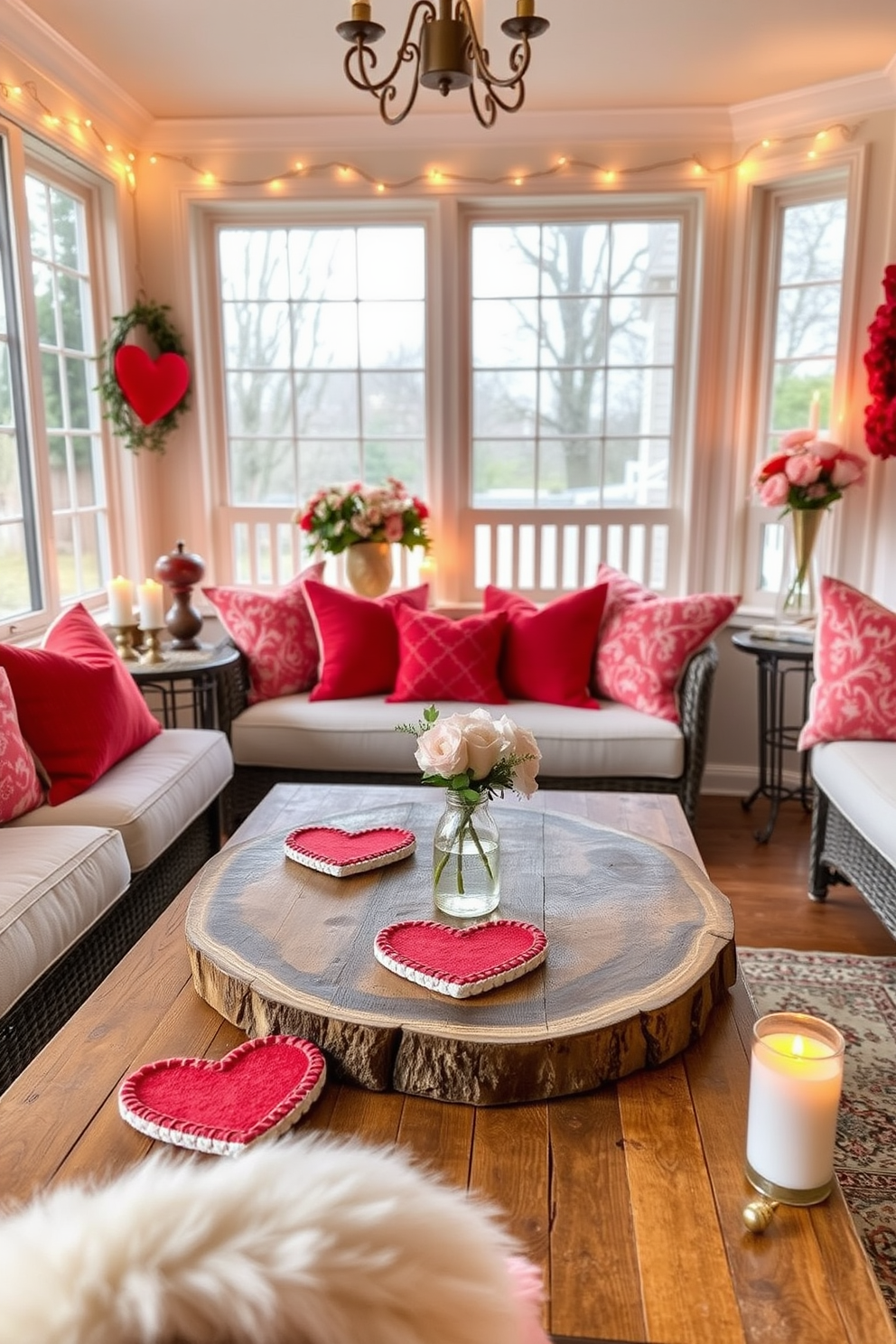 Create a cozy sunroom setting perfect for Valentine's Day. The space features heart-shaped coasters elegantly placed on a rustic wooden coffee table, surrounded by plush seating and soft throw pillows in shades of red and pink. In the background, large windows allow natural light to flood the room, illuminating delicate decorations like string lights and floral arrangements. A warm ambiance is created by the gentle glow of candles placed around the room, enhancing the romantic atmosphere.