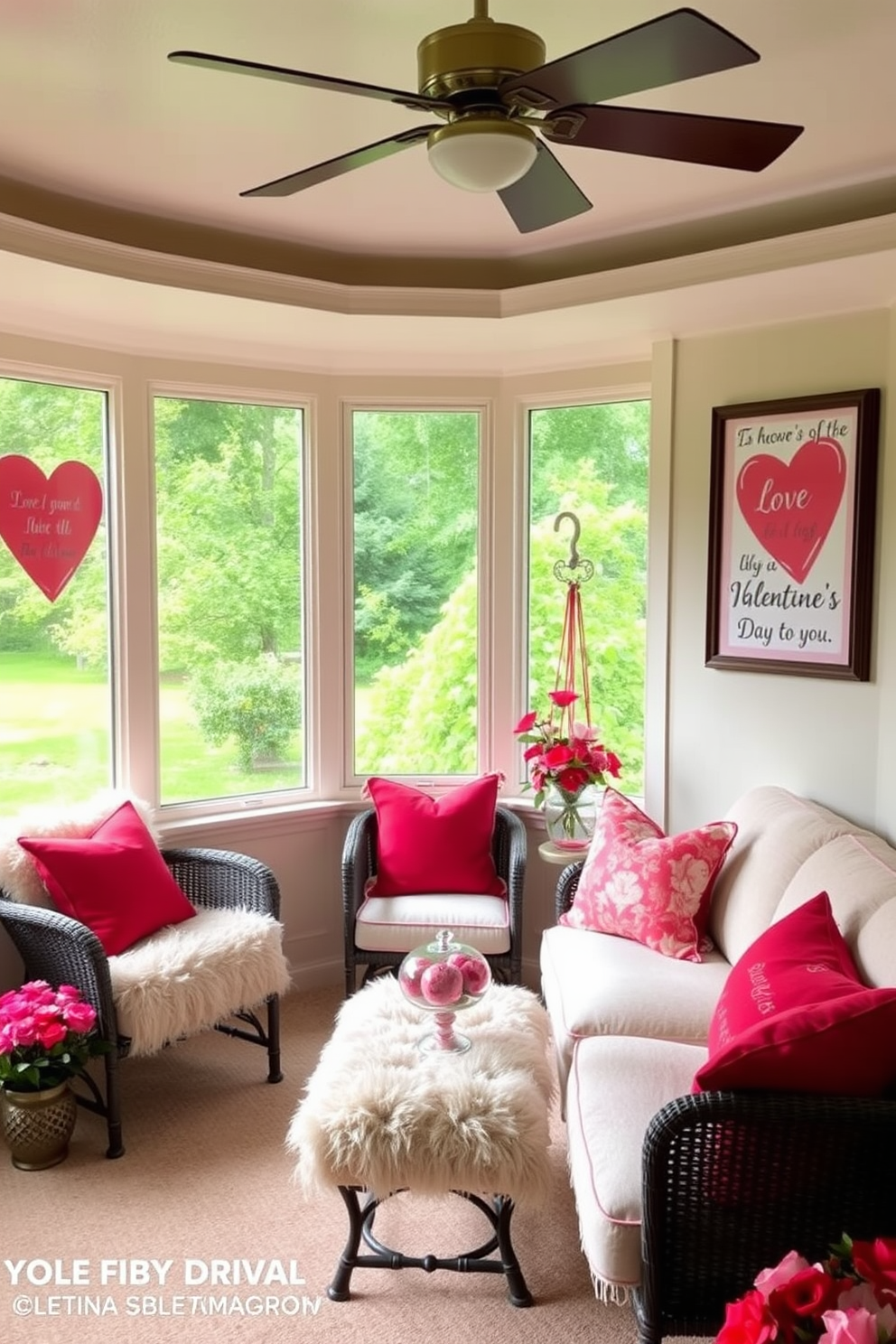 A sunroom decorated for Valentine's Day features walls adorned with romantic artwork depicting hearts and love quotes. Plush seating areas are accented with red and pink cushions, creating a cozy atmosphere for enjoying the view.