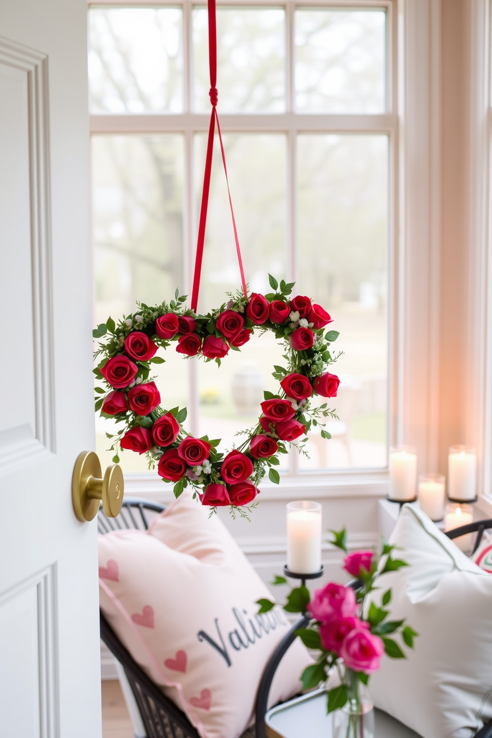 A heart-shaped wreath is beautifully hung on the door, crafted from fresh red roses and delicate greenery. The sunroom is adorned with soft pastel accents, featuring cozy throw pillows and romantic candle arrangements to celebrate Valentine's Day.