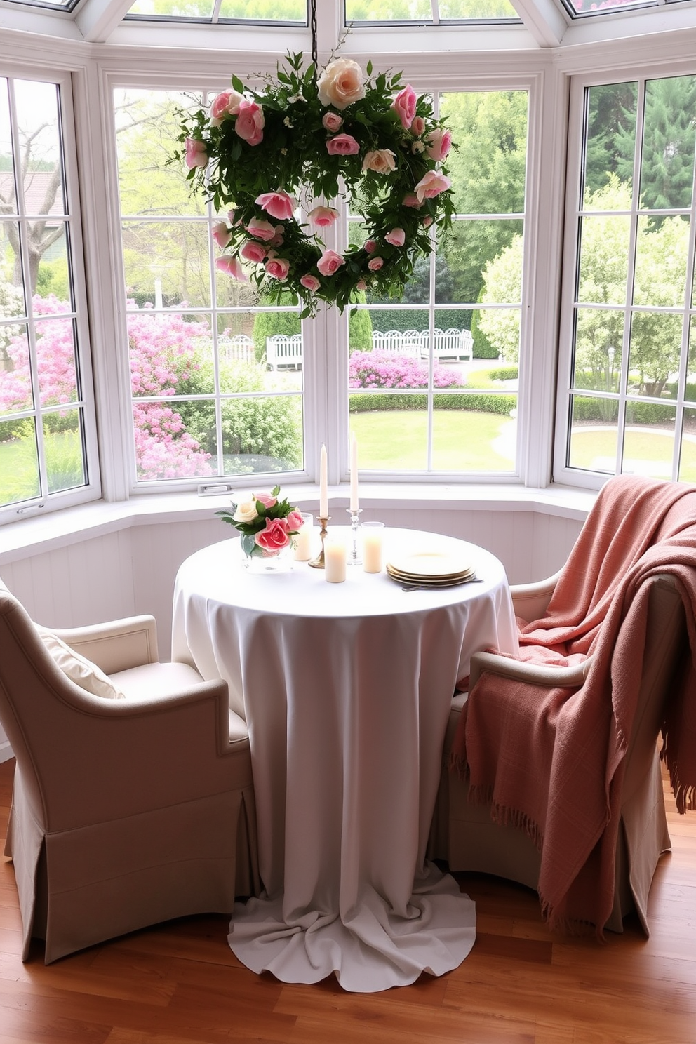 A romantic sweetheart table for two is elegantly set up in a sunroom filled with natural light. The table is adorned with a soft white tablecloth, delicate floral arrangements in pastel hues, and flickering candles for an intimate ambiance. Surrounding the table are plush chairs draped with cozy throws, creating a warm and inviting atmosphere. The sunroom features large windows that offer a view of a blooming garden, enhancing the romantic setting for a Valentine's Day celebration.