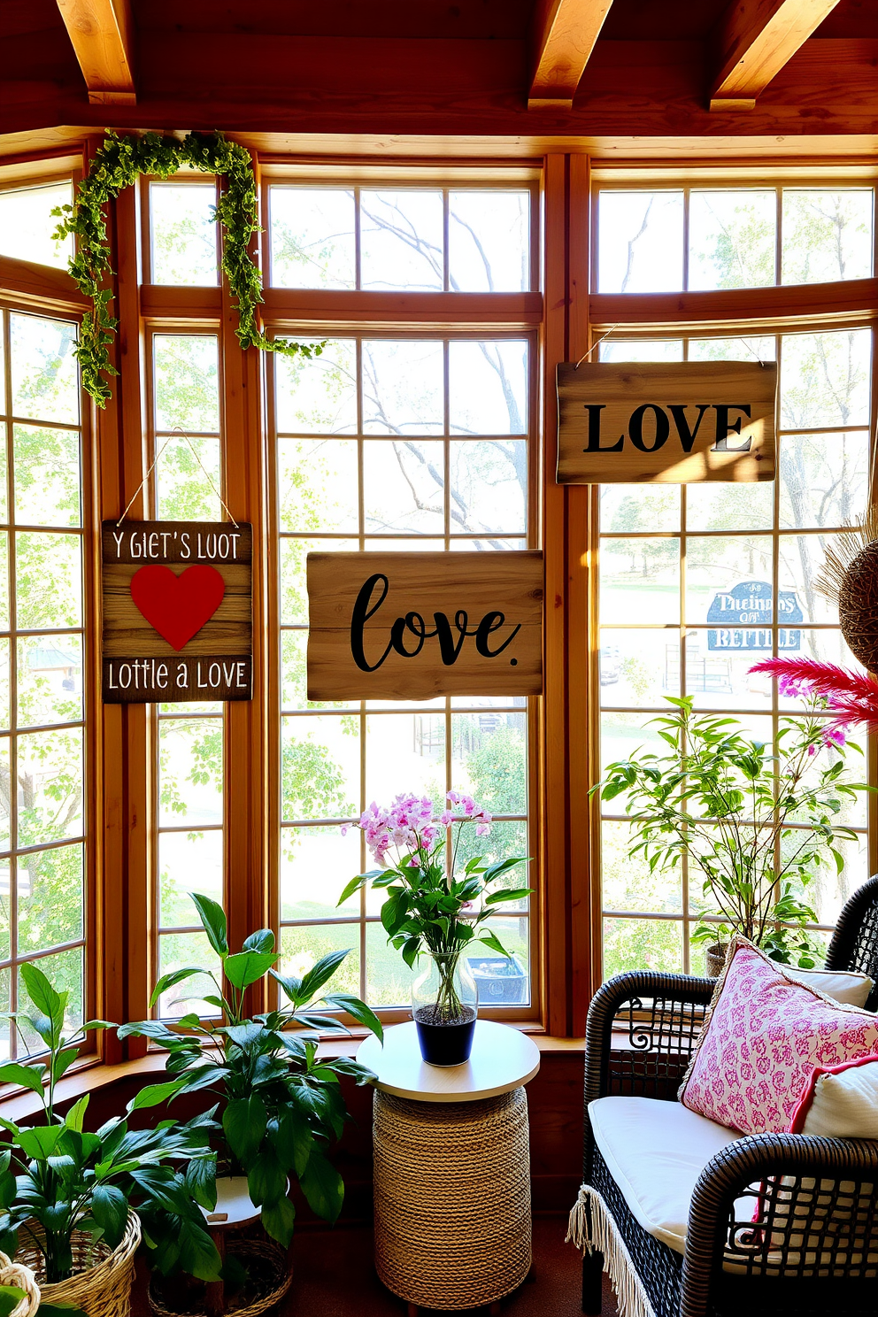 Rustic wooden signs adorned with heartfelt love messages hang gracefully in a sunlit sunroom. The warm, natural wood contrasts beautifully with the vibrant greenery and soft textiles, creating an inviting atmosphere perfect for Valentine's Day celebrations.